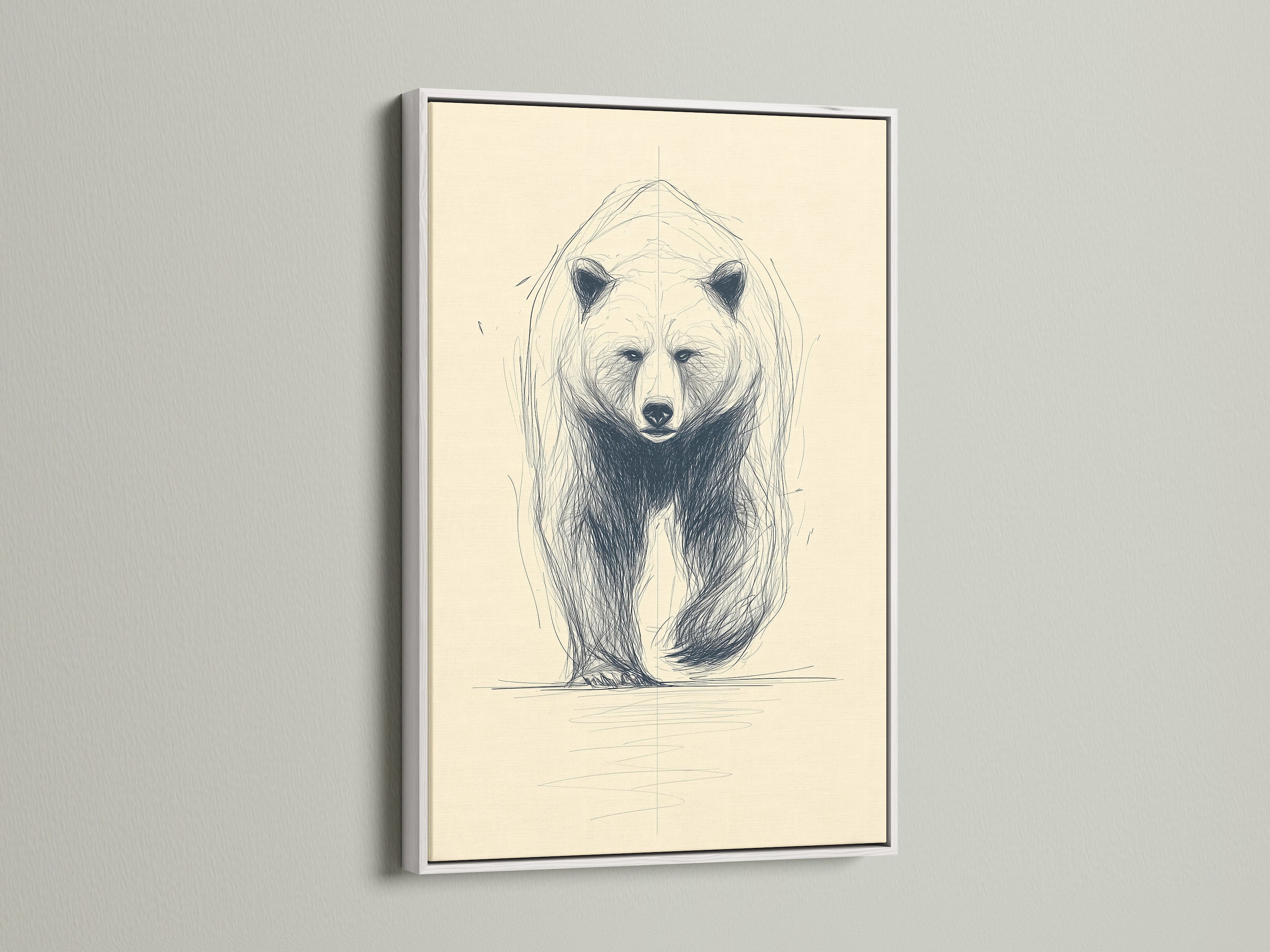 A bear art print with a white frame. This minimalist wildlife sketch offers a clean and modern look. The white frame complements various interior styles. It's great for living rooms bedrooms and offices. This animal drawing adds a touch of elegance.
