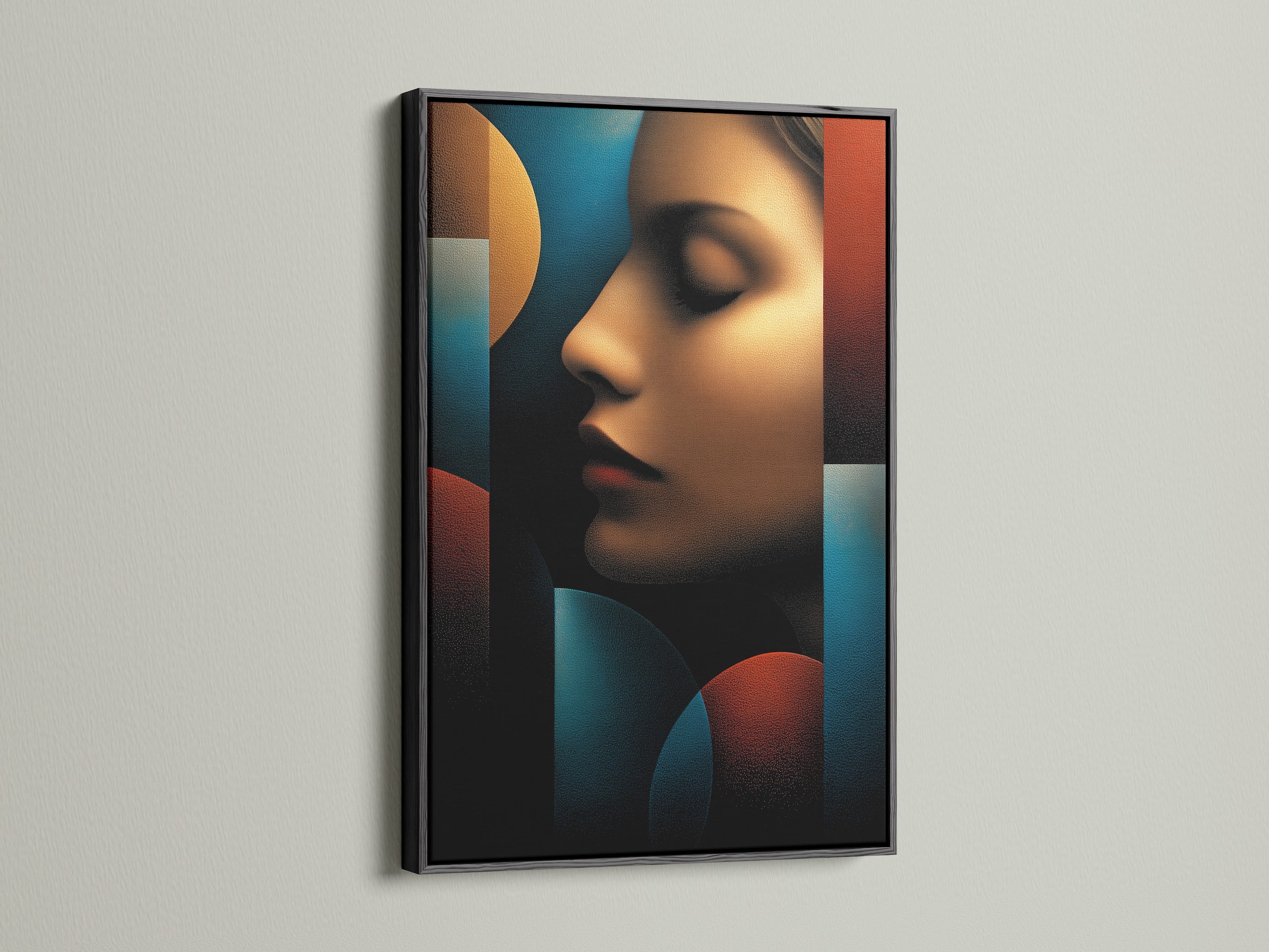 The black frame artwork is showcased. The artwork features a woman's profile with geometric shapes. The colors are rich and vibrant. This is a stylish addition to any room. The black frame provides a bold and sophisticated look.