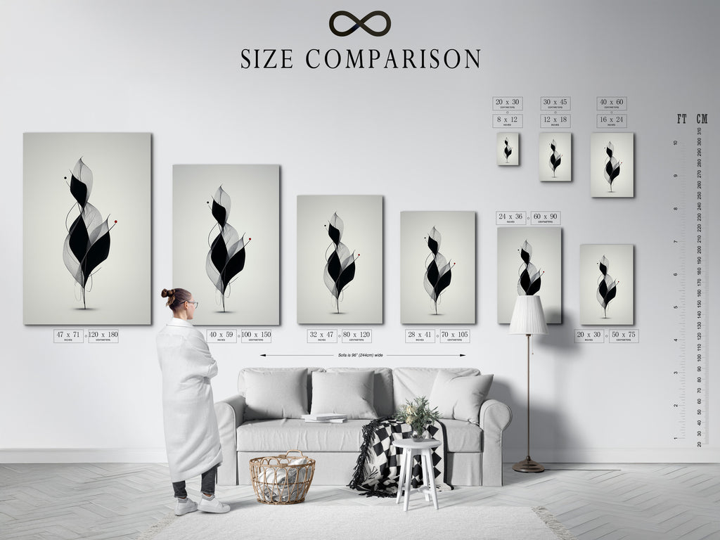 Size comparison chart in an interior setting. The chart helps visualize the different art print sizes. Choosing the right size for your space is easy. See how various sizes fit in a room. Find the perfect dimensions for your artwork display.