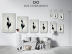 Size comparison chart in an interior setting. The chart helps visualize the different art print sizes. Choosing the right size for your space is easy. See how various sizes fit in a room. Find the perfect dimensions for your artwork display.