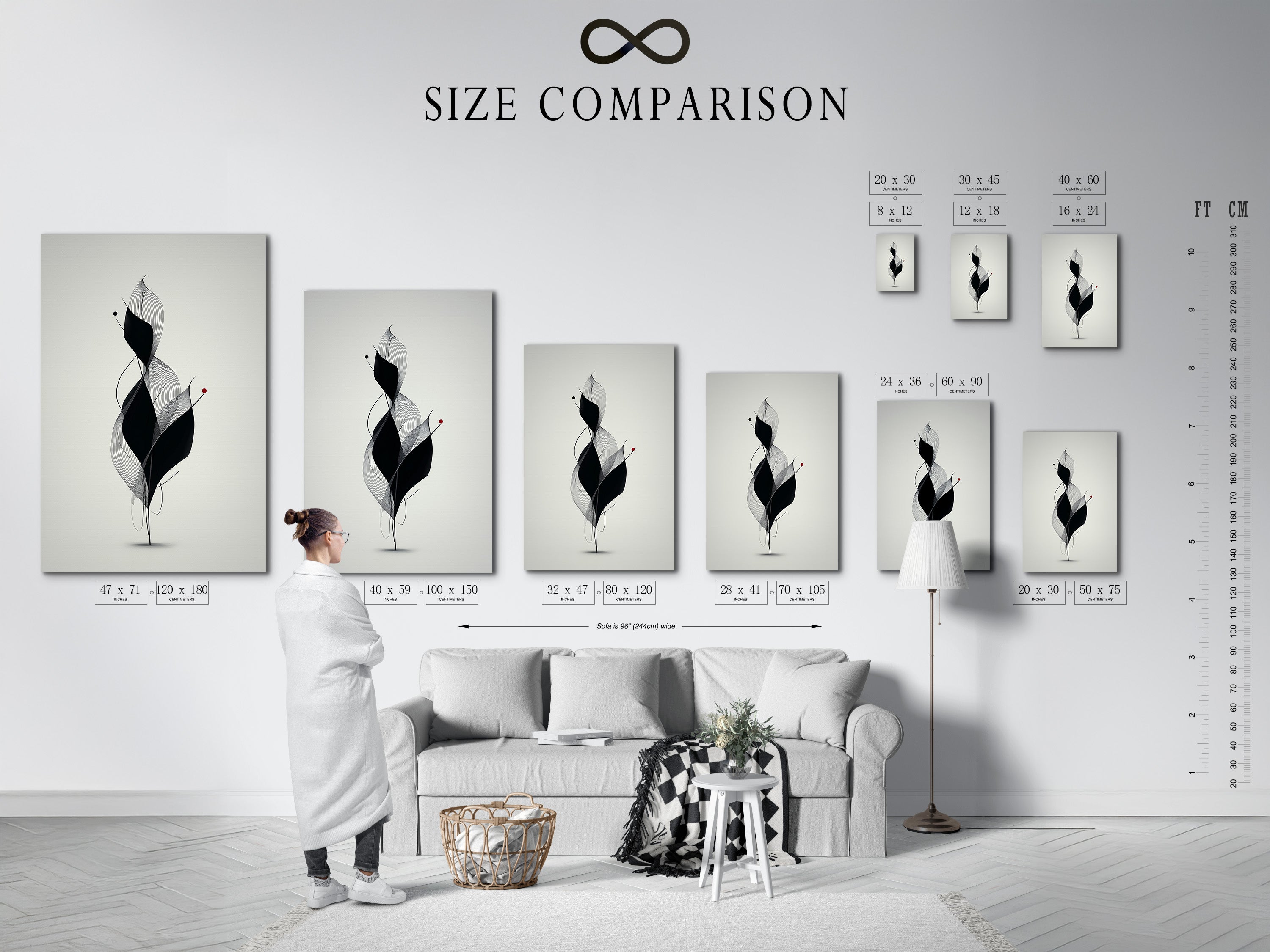Size comparison chart in an interior setting. The chart helps visualize the different art print sizes. Choosing the right size for your space is easy. See how various sizes fit in a room. Find the perfect dimensions for your artwork display.