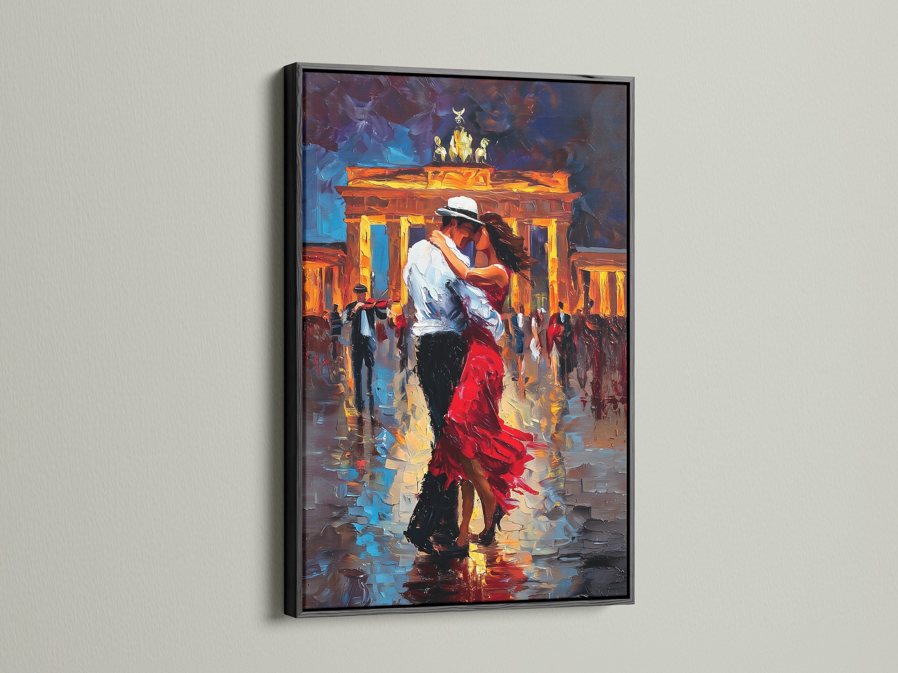 Black frame. The artwork captures a couple dancing intimately amidst a lively city scene. The black frame option provides a bold and sophisticated look. It adds contrast and drama to the artwork. The black frame is ideal for contemporary spaces and creating a gallery-like display.