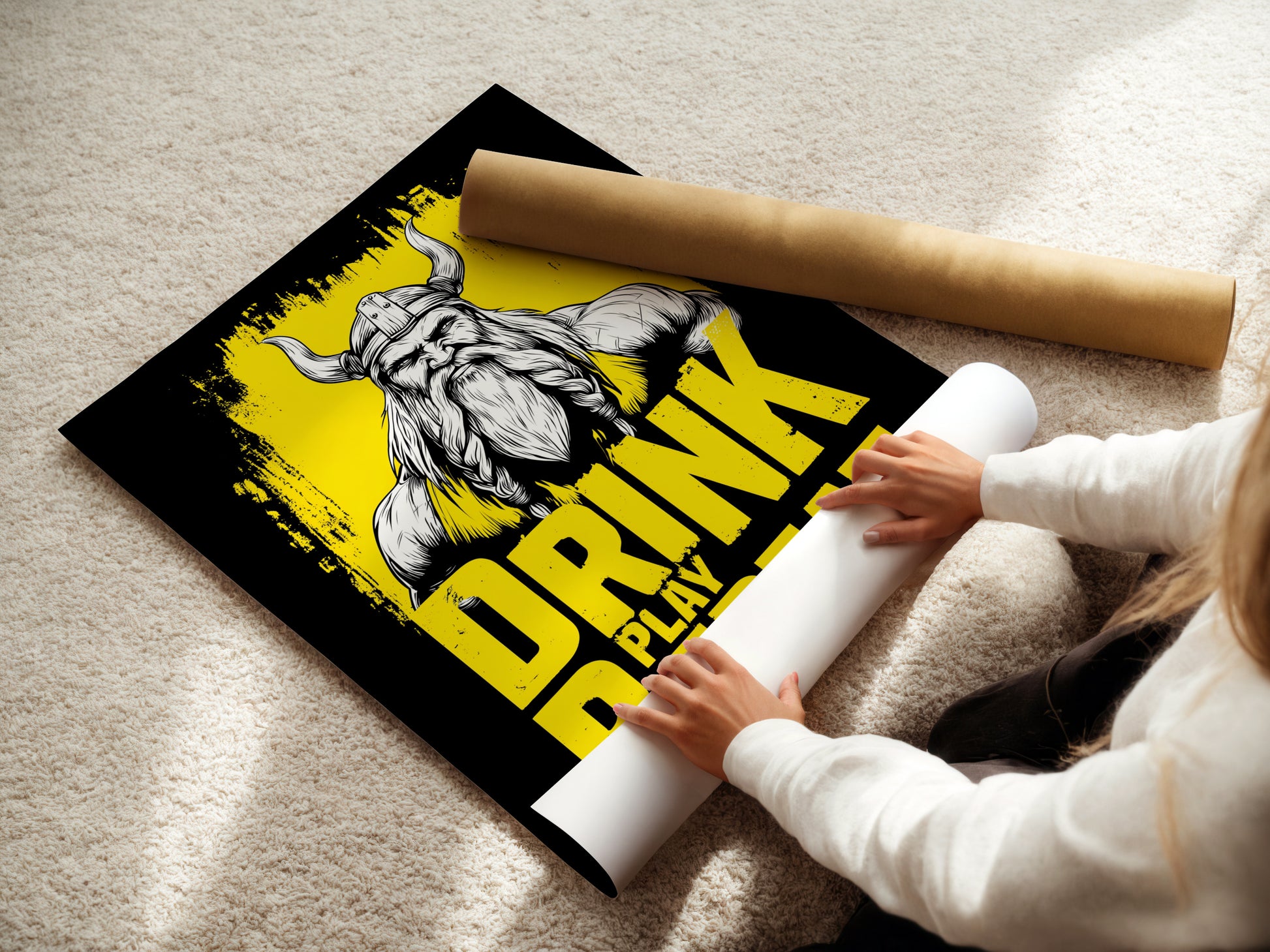 A woman expertly rolls a fine art poster paper. The paper features the Viking Warrior artwork. This Nordic mythology poster is ideal for man cave decor. The fine art paper ensures high-quality reproduction. This poster is perfect for enhancing any space.