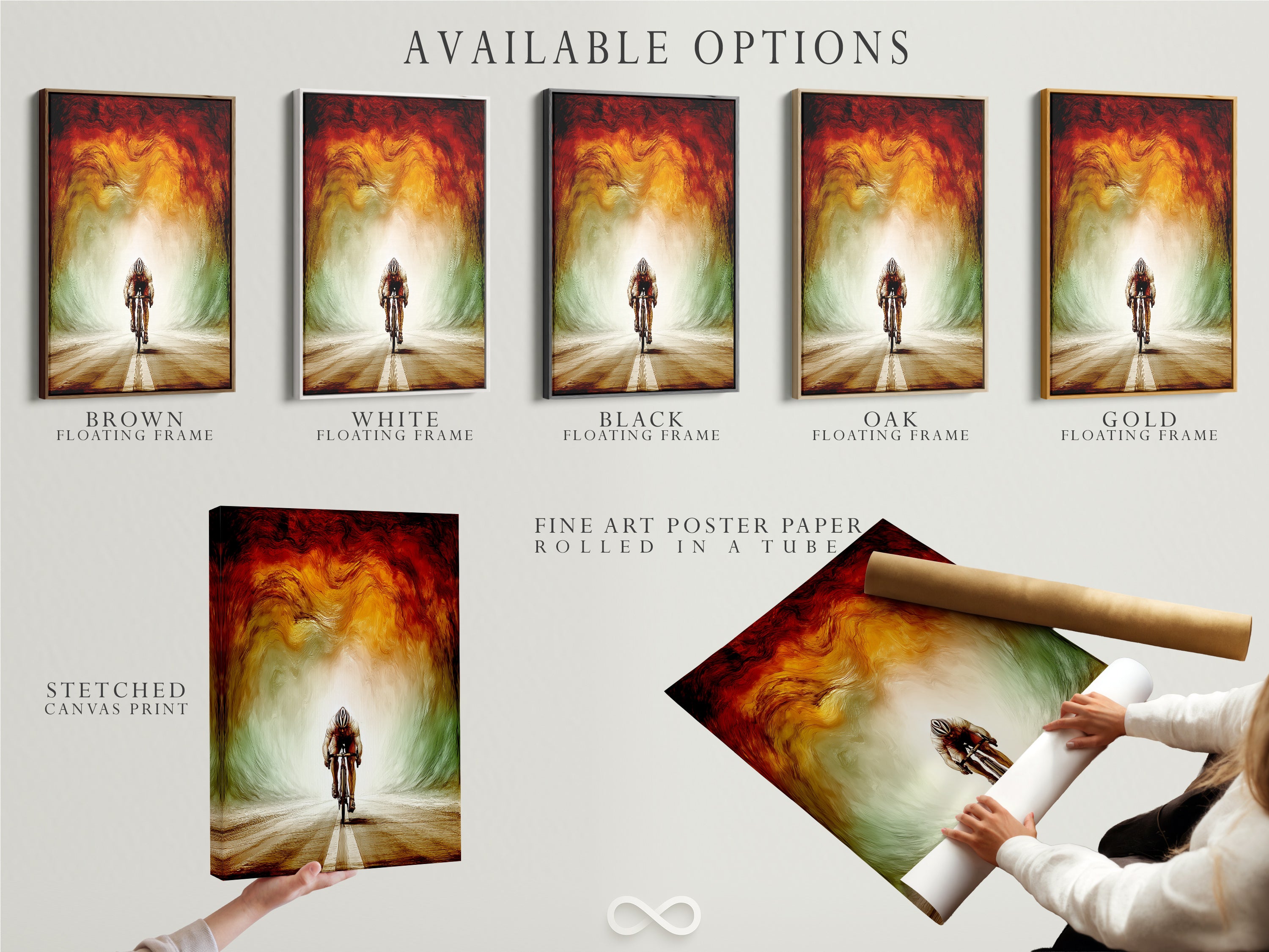 Available options include stretched canvas print fine art poster paper and floating frame. Customize your cycling art to fit your style. Select the perfect format for your biker print. Enhance your modern artwork.