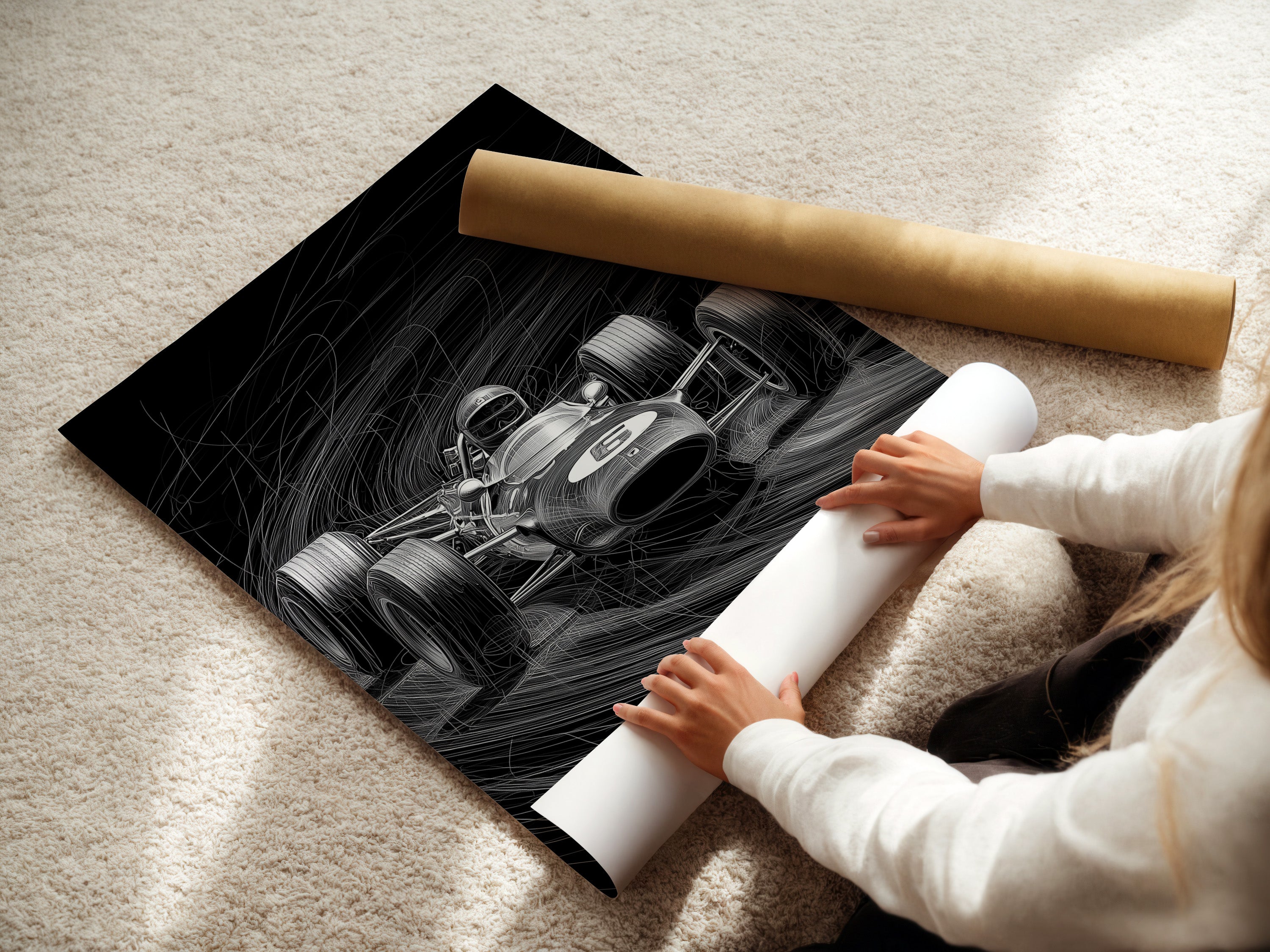 A woman is carefully rolling a fine art poster paper. She handles the delicate paper with precision. High-quality poster paper ensures vibrant and lasting prints. Fine art paper enhances the texture and detail of the artwork. Ensure your art looks its best.