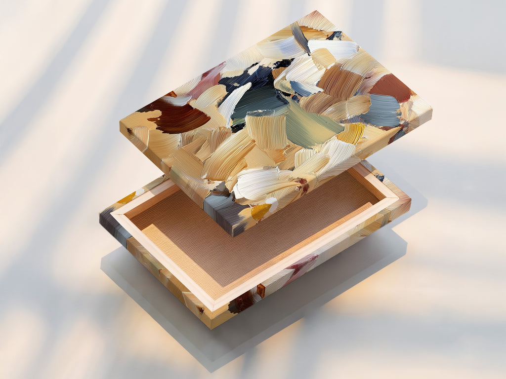 A stretched canvas print showcasing abstract artwork. The artwork features brushstrokes of beige brown blue and green. The canvas is stretched taut. Experience art on premium stretched canvas prints. Add texture and dimension to your art.