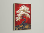 A stunning cherry blossom tree artwork is presented in an oak frame. The red canvas art evokes a sense of oriental beauty and zen tranquility. This Japanese wall art piece brings a touch of Asian home decor to any space. It is ideal for creating a serene atmosphere with floral wall art.