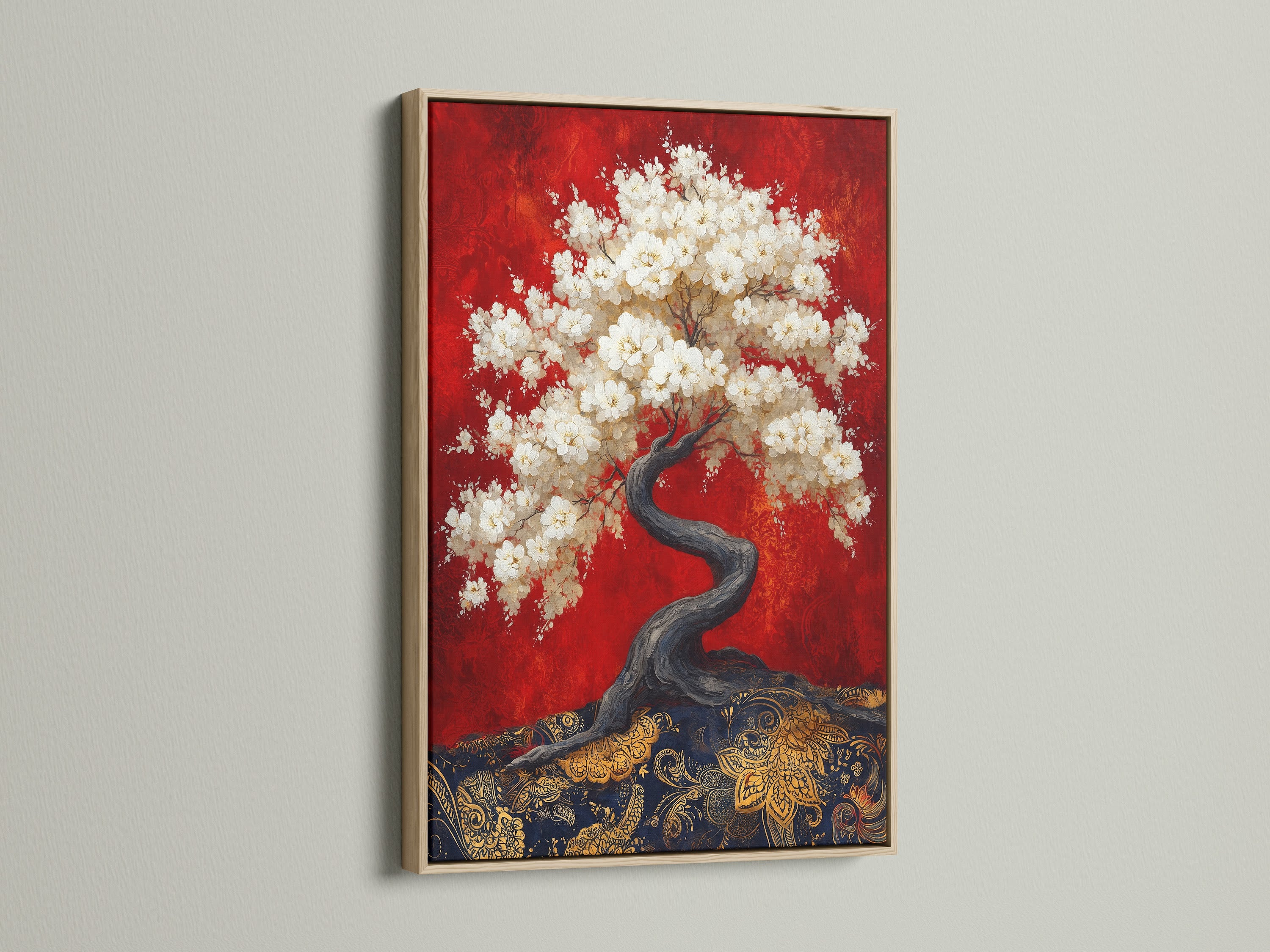 A stunning cherry blossom tree artwork is presented in an oak frame. The red canvas art evokes a sense of oriental beauty and zen tranquility. This Japanese wall art piece brings a touch of Asian home decor to any space. It is ideal for creating a serene atmosphere with floral wall art.