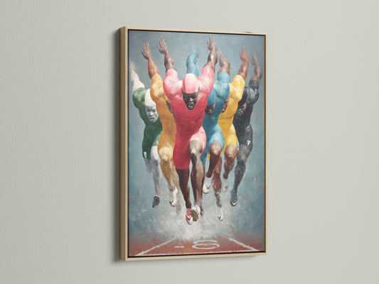 The Marathon Runners artwork is showcased in an oak frame. The frame enhances the vibrant colors of the sports canvas. This athlete print brings energy to gym wall decor. It's ideal for those seeking motivational art. It makes a statement in living rooms bedrooms and workout rooms.