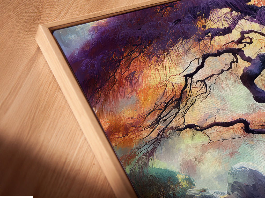 A close-up angled view shows a canvas print in a floating frame. The Japanese Tree art is visible. It features a zen water reflection. This Asian landscape artwork is perfect for contemporary wall decor. The bonsai tree print enhances minimalist styles.