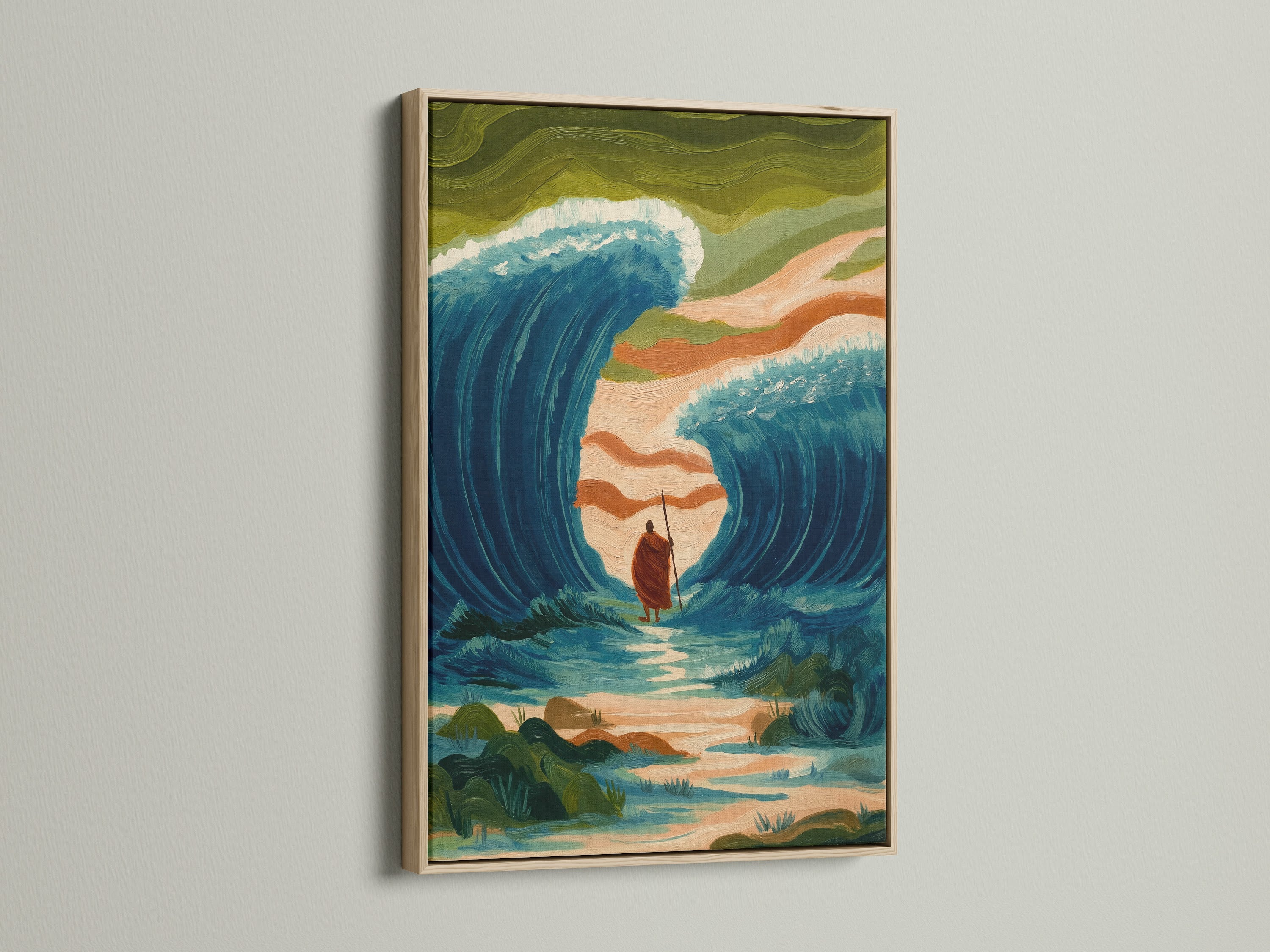 Discover Ocean Wave Art in an oak frame. The Biblical Moses Parting Sea canvas wall art adds religious coastal decor. Ideal for office walls. Perfect for minimalist Scandinavian or eclectic styles. This artwork is great for the living room bedroom or home office. This religious art print is a good choice.