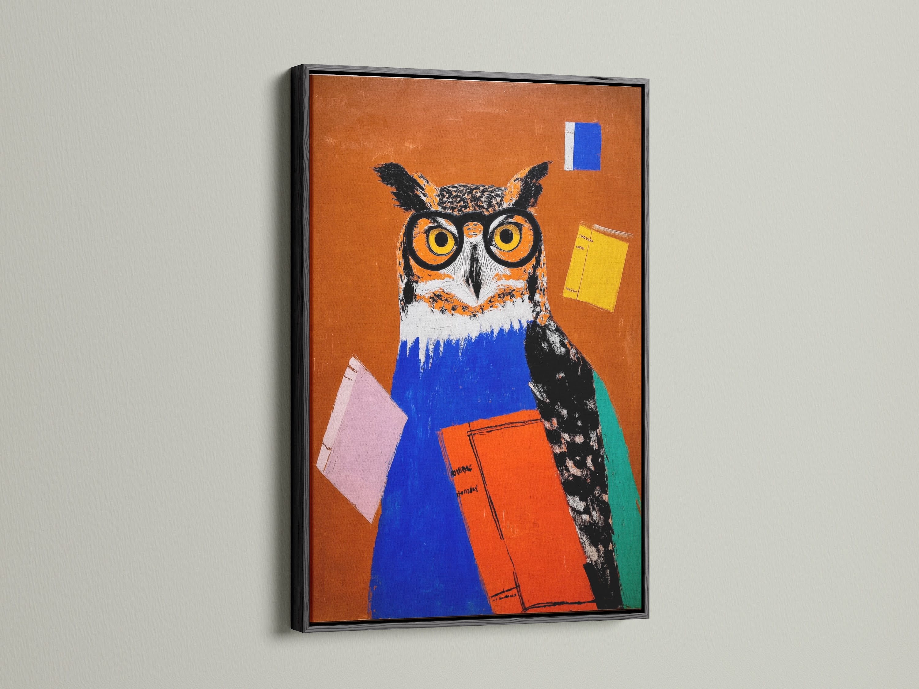 A black frame presents the Owl with Books Art Print. This smart owl makes a statement. It's perfect as study room prints. This will enhance classrooms and home offices. The orange and blue colors create a vibrant look. A book lover's dream.