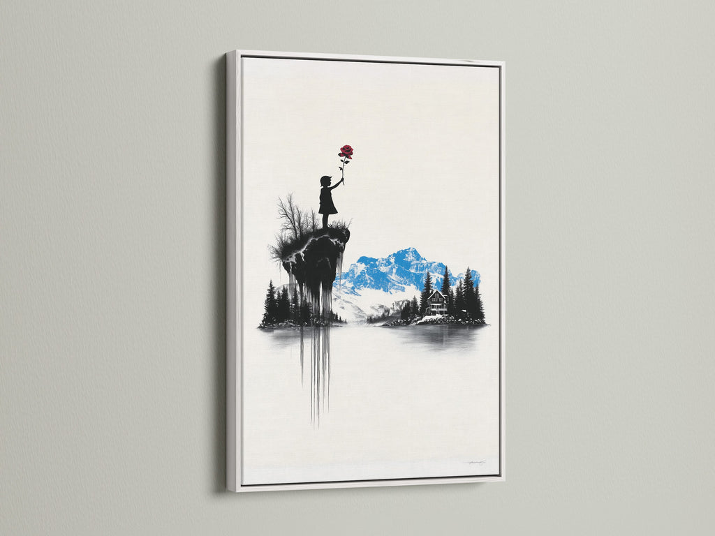 Artwork featuring a white frame. The art inside depicts a child holding a red flower. Mountains and a house are in the background. The white frame offers a clean modern look.