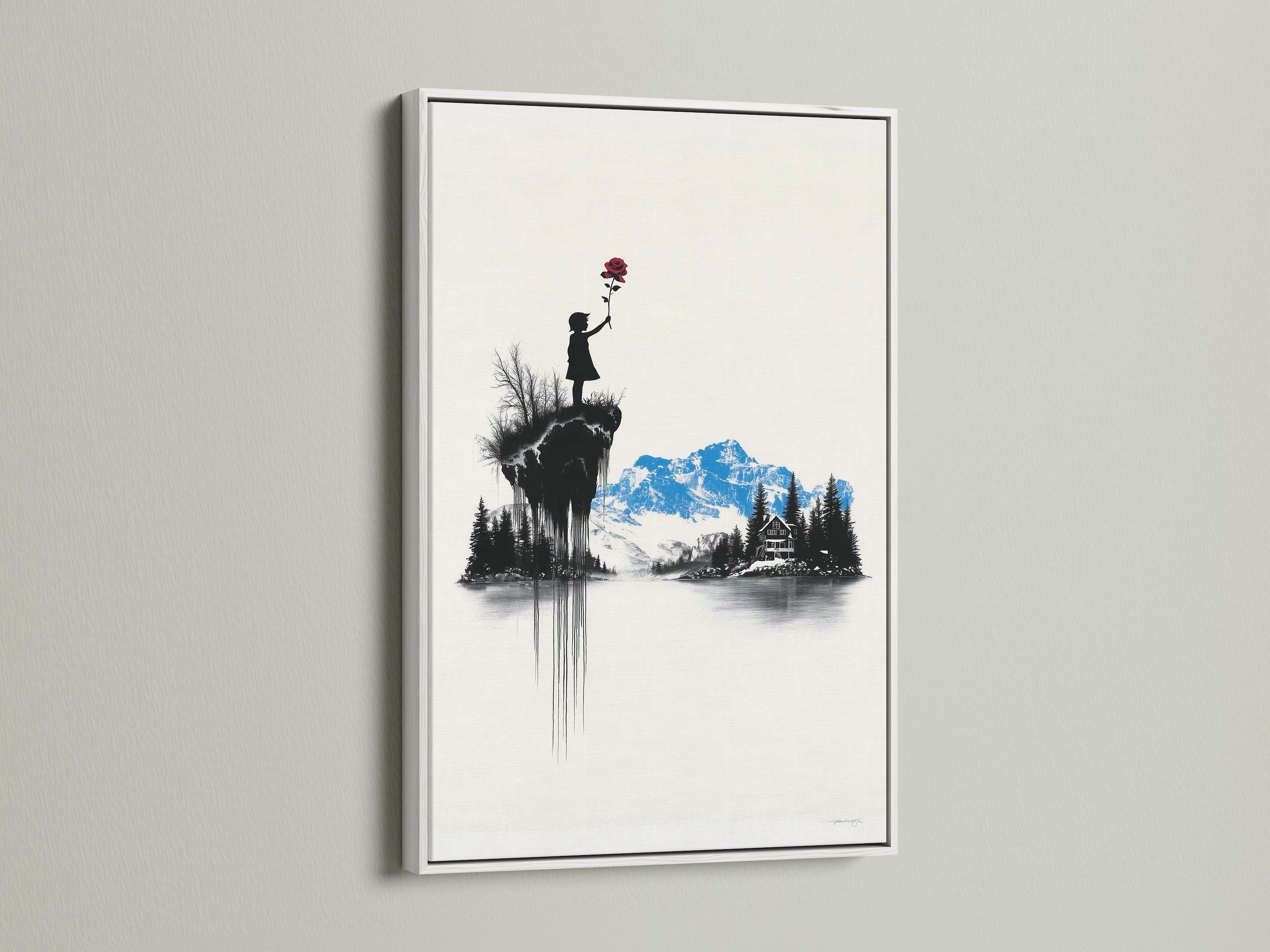Artwork featuring a white frame. The art inside depicts a child holding a red flower. Mountains and a house are in the background. The white frame offers a clean modern look.