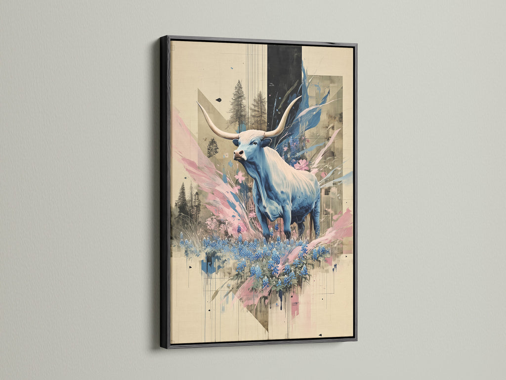 Bull art print with a black frame. This contemporary animal canvas art showcases blue abstract wildlife. Enhancing modern bedroom decor with its sophisticated style. This animal artwork is suitable for various interior styles. The black frame adds a classic and elegant touch.