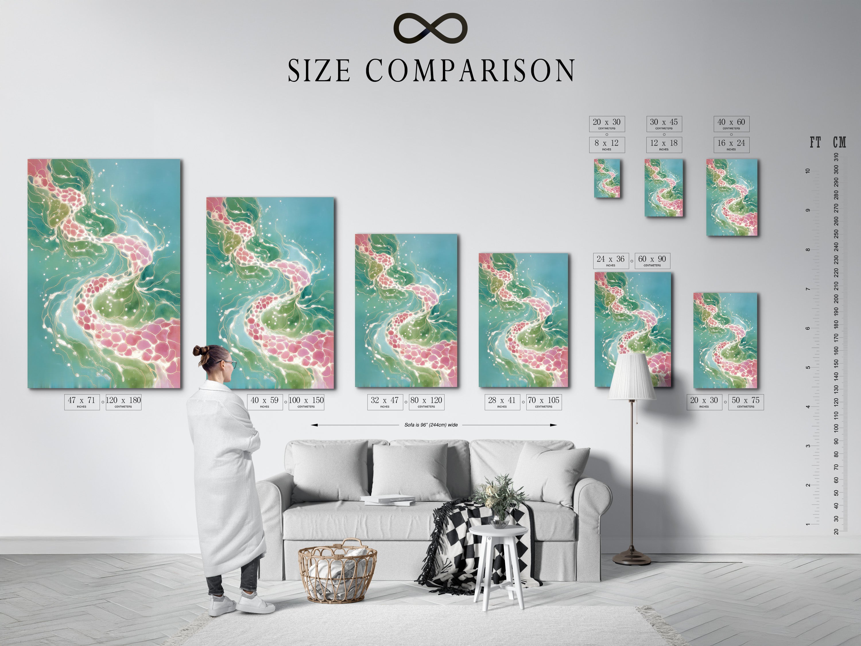 A size comparison chart displayed in an interior setting. It shows various sizes of abstract fluid art prints. Visualize how teal and pink artwork fits in your space. Options include canvas and framed prints.