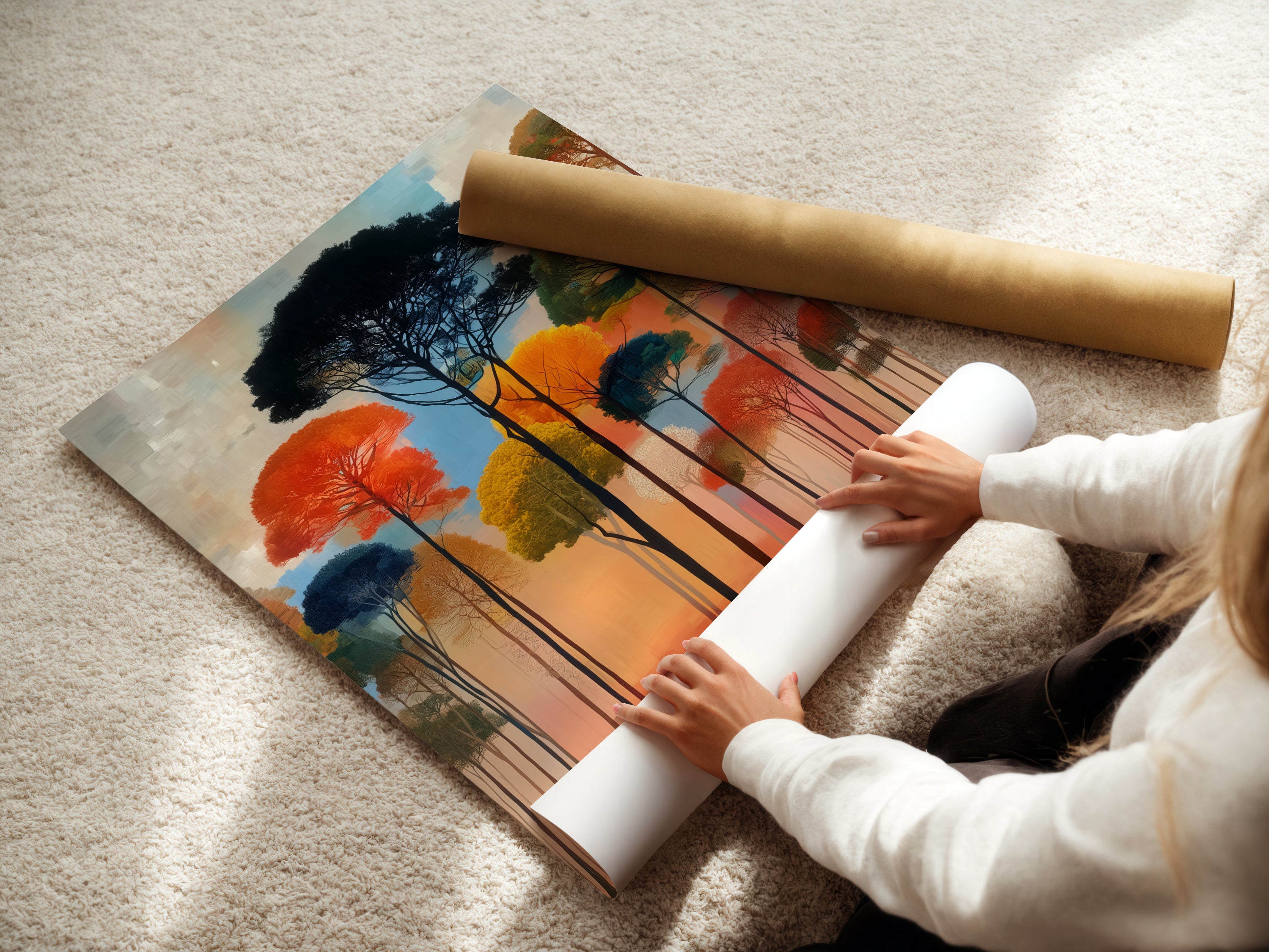A woman is carefully rolling a fine art poster paper. This highlights the care and quality of the artwork. The poster paper is ideal for Abstract Forest prints. Get your own colorful tree art in a fine art poster format. A contemporary landscape print.