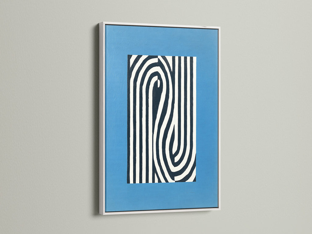 Contemporary artwork presented in a white frame. This minimalist print features abstract lines. The blue wall art complements modern interiors. Ideal for creating a serene atmosphere in your home or office. View this framed art today.