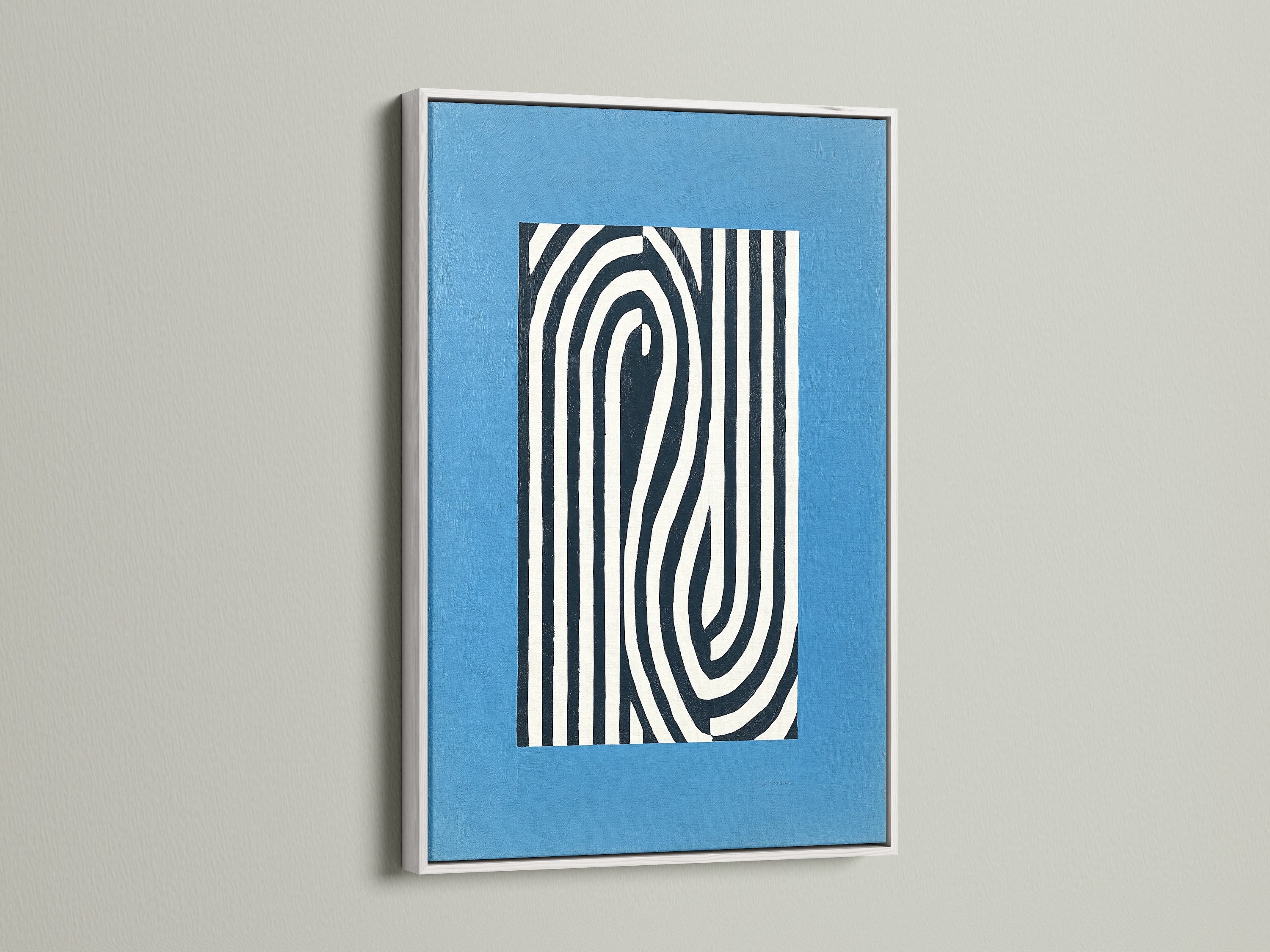 Contemporary artwork presented in a white frame. This minimalist print features abstract lines. The blue wall art complements modern interiors. Ideal for creating a serene atmosphere in your home or office. View this framed art today.