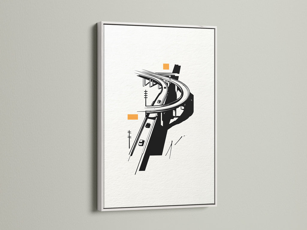 The Highway Overpass artwork is elegantly framed in white. This minimalist decor piece transforms any room. It serves as modern office wall art. The cityscape canvas print features a captivating black and white design. This urban artwork adds a contemporary touch.