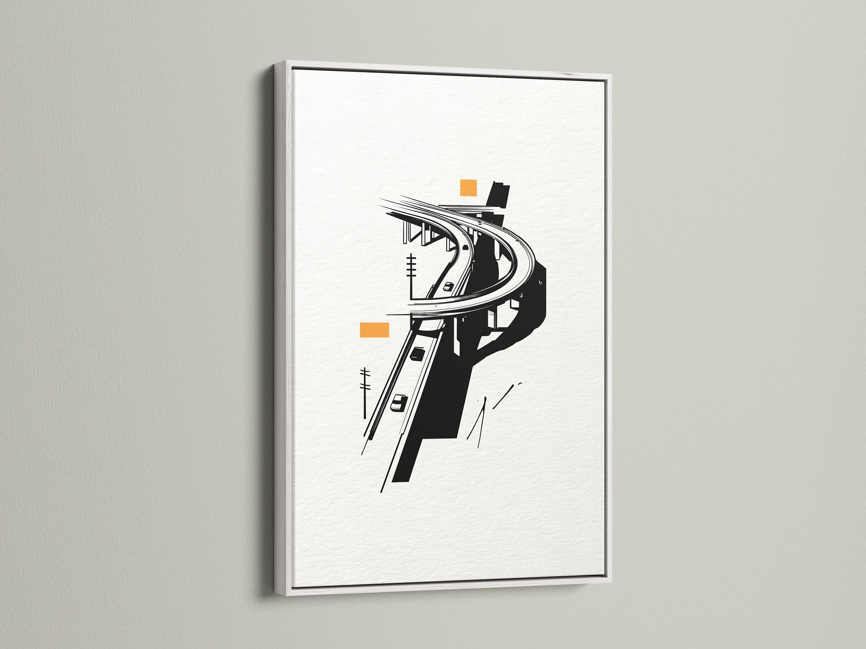 The Highway Overpass artwork is elegantly framed in white. This minimalist decor piece transforms any room. It serves as modern office wall art. The cityscape canvas print features a captivating black and white design. This urban artwork adds a contemporary touch.