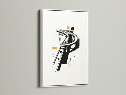 The Highway Overpass artwork is elegantly framed in white. This minimalist decor piece transforms any room. It serves as modern office wall art. The cityscape canvas print features a captivating black and white design. This urban artwork adds a contemporary touch.
