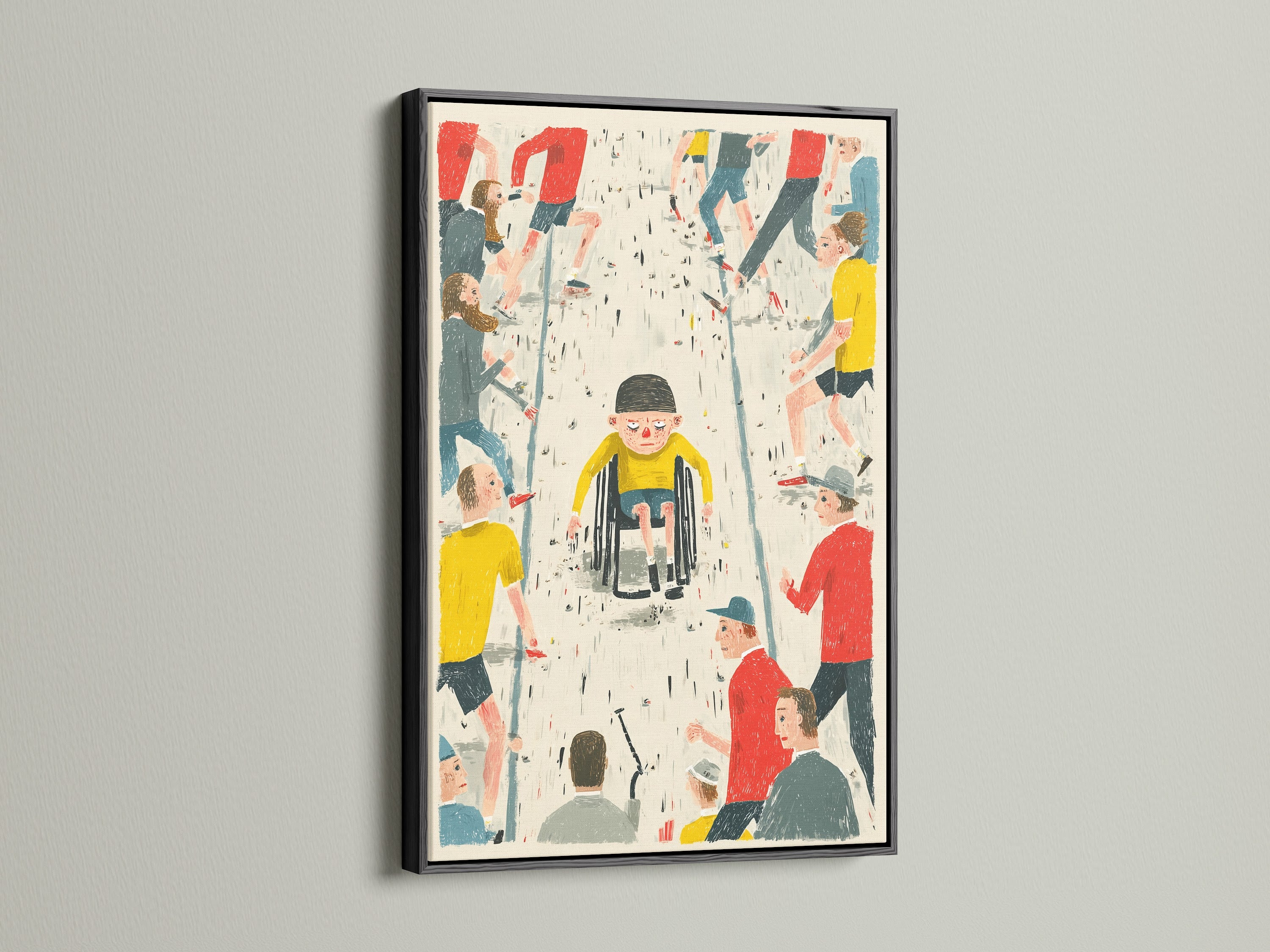 A black frame enhances a community canvas featuring a child in a wheelchair. The artwork is surrounded by figures representing unity and diversity. This accessibility art is perfect for promoting equality and social justice. It is a great addition to any space advocating for human rights.