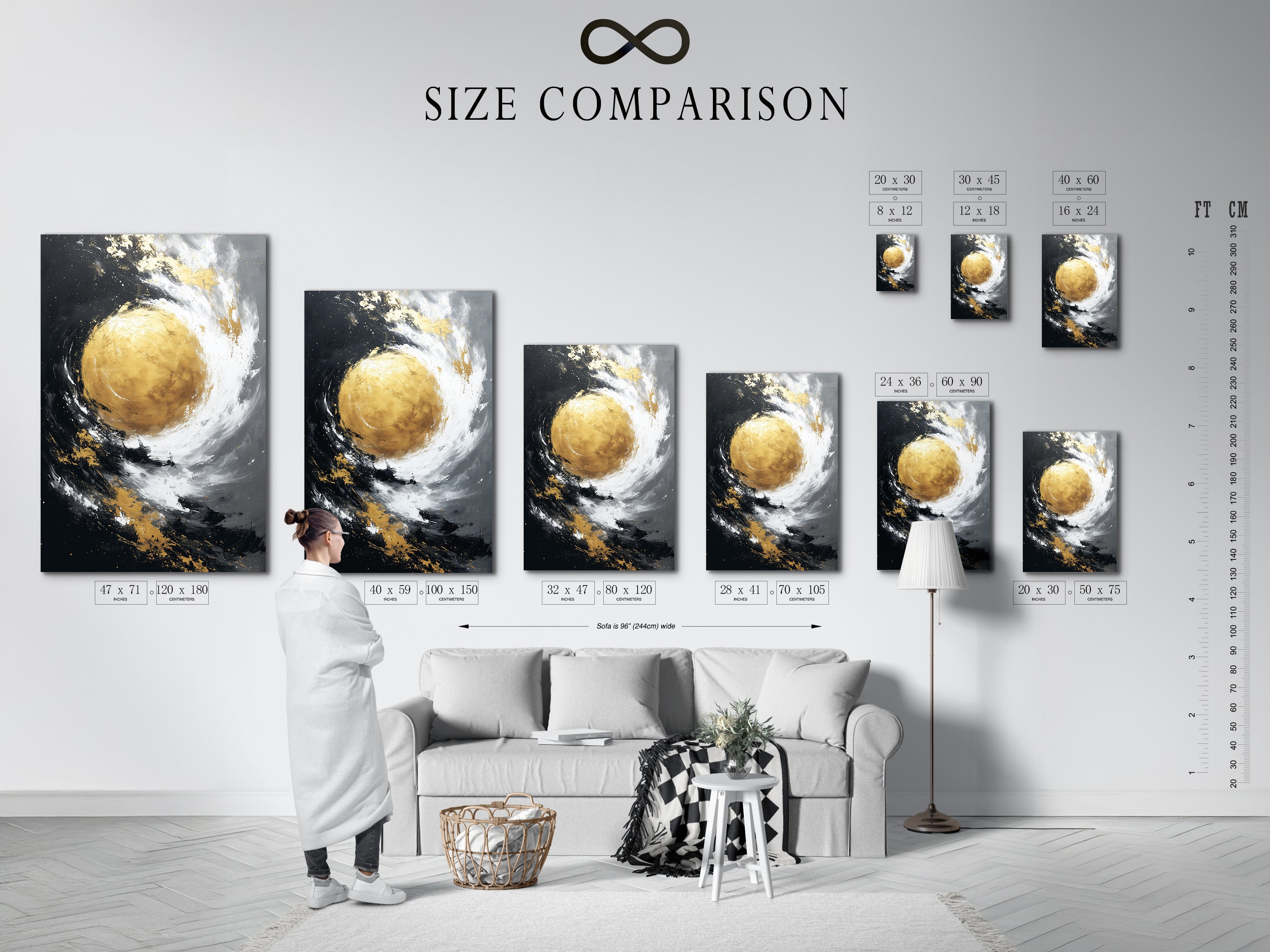 A size comparison chart displayed in an interior setting. The chart helps visualize different art sizes. This ensures the perfect fit for your space. The interior setting provides context.
