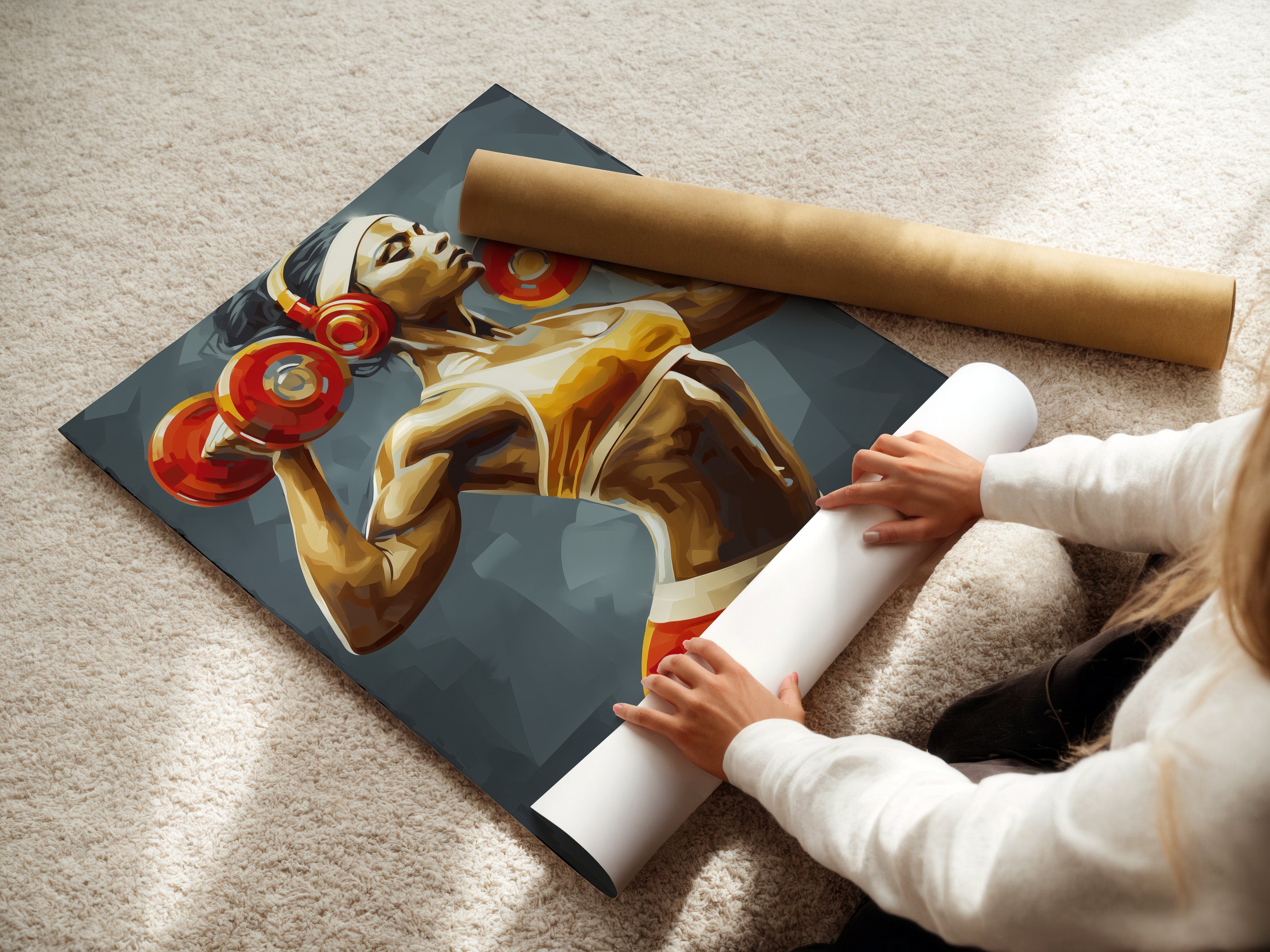 A woman is carefully rolling a fine art poster paper. The paper will be used for a fitness artwork print. The woman is preparing a motivational gym poster. Perfect for home gym decor. The poster will inspire strength and dedication.
