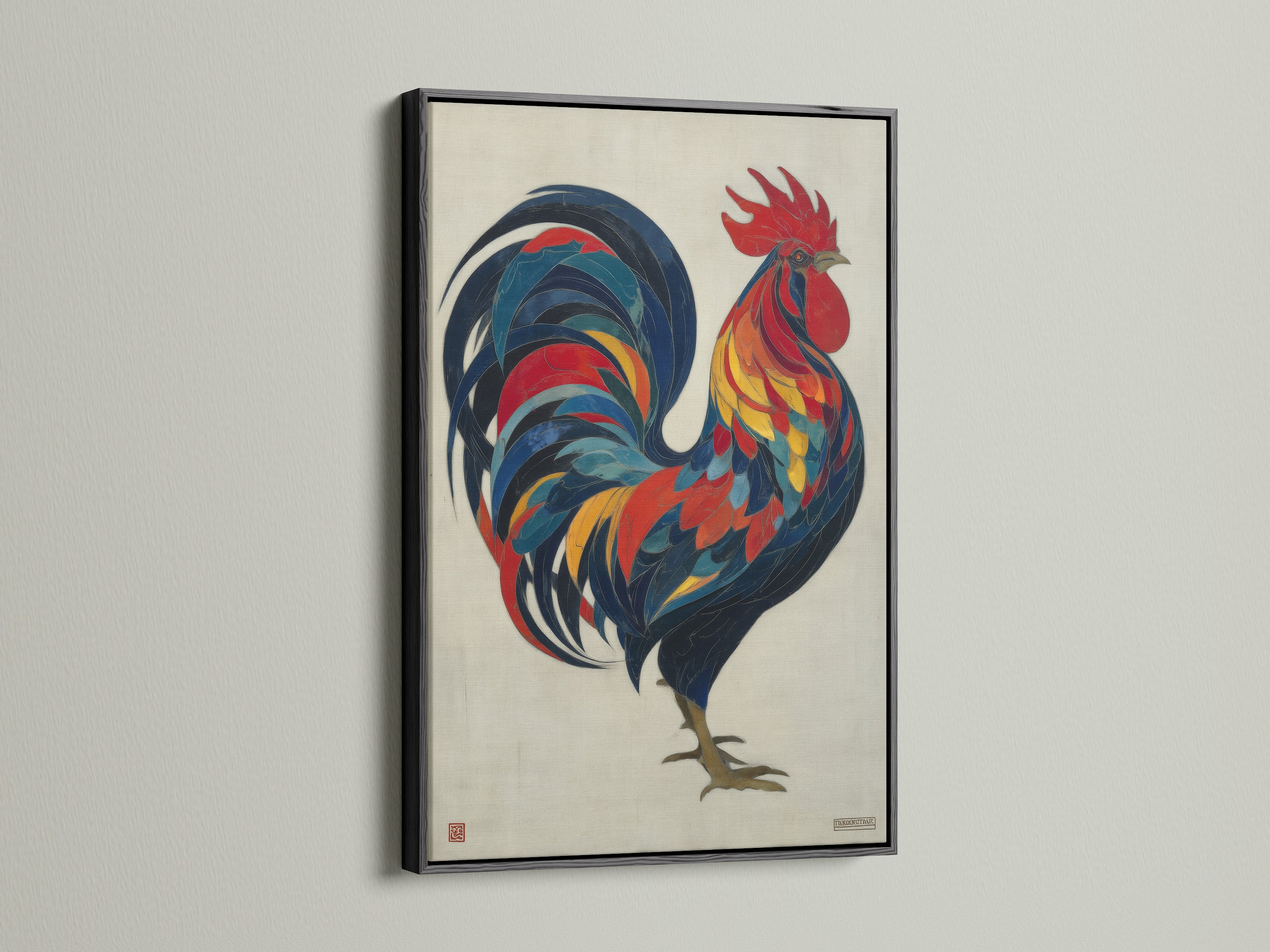 Here is the colorful rooster artwork presented in a sleek black frame. This frame provides a sophisticated contrast to the vibrant colors of the folk art print. It makes a bold statement in any room. Perfect for modern farmhouse or rustic wall art themes.