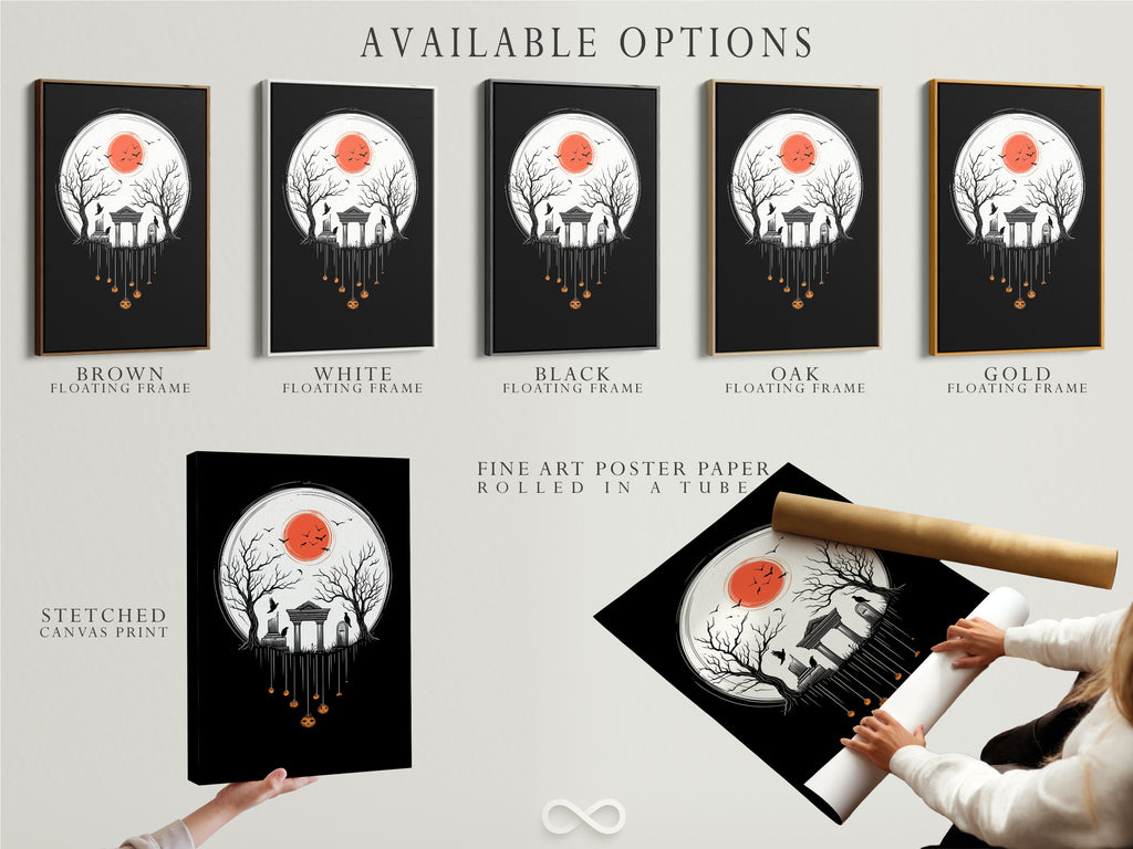 Explore the available options for our Halloween Night print. Choose from a stretched canvas print a fine art poster paper or a floating frame. This spooky cemetery artwork enhances any gothic Halloween decor.