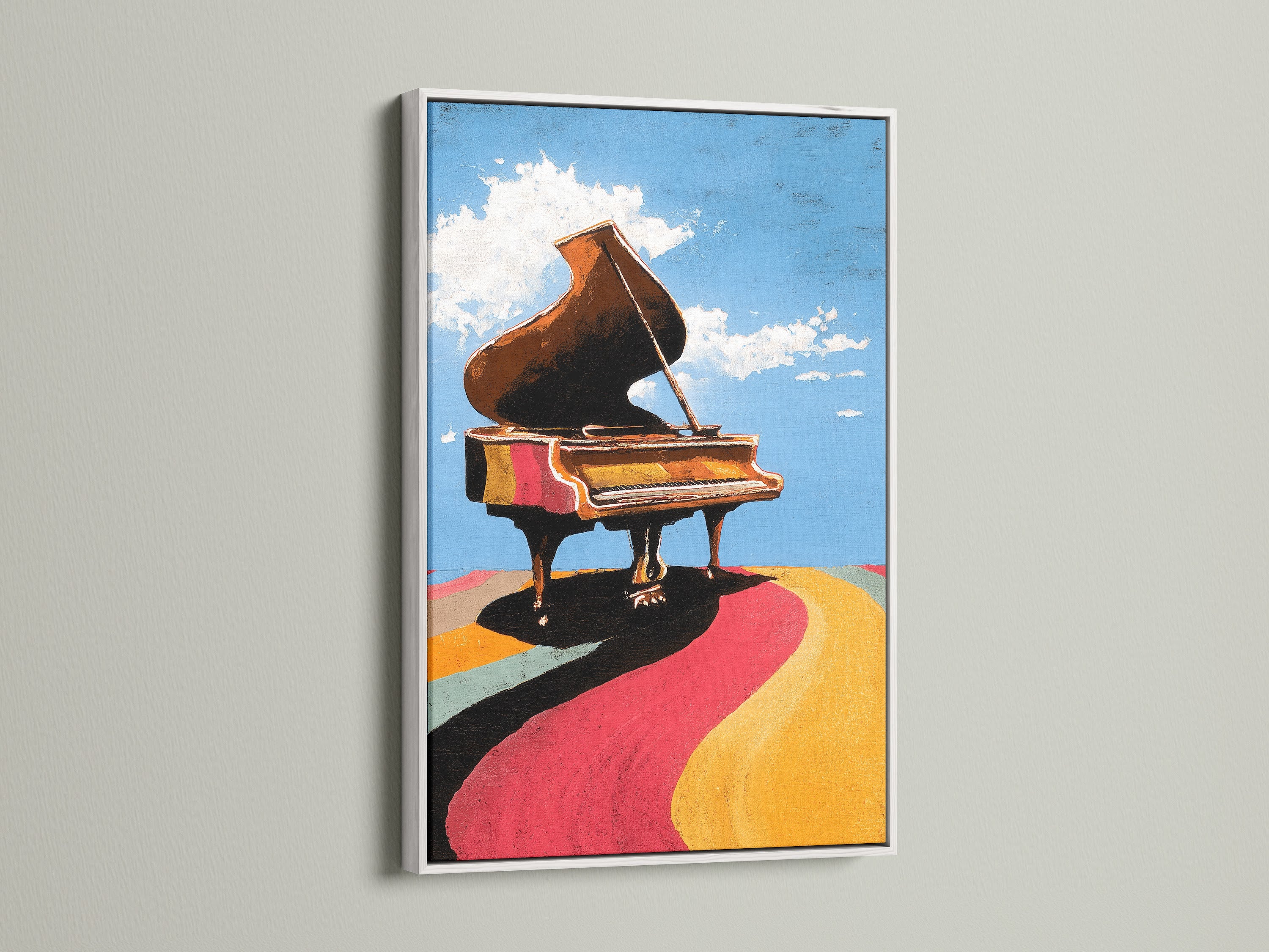 This piano artwork looks stunning in a white frame. The white frame provides a clean and modern look. It allows the artwork's colors to truly stand out. A great choice for minimalist or Scandinavian decor. Add a touch of musical elegance to your home with this framed print.