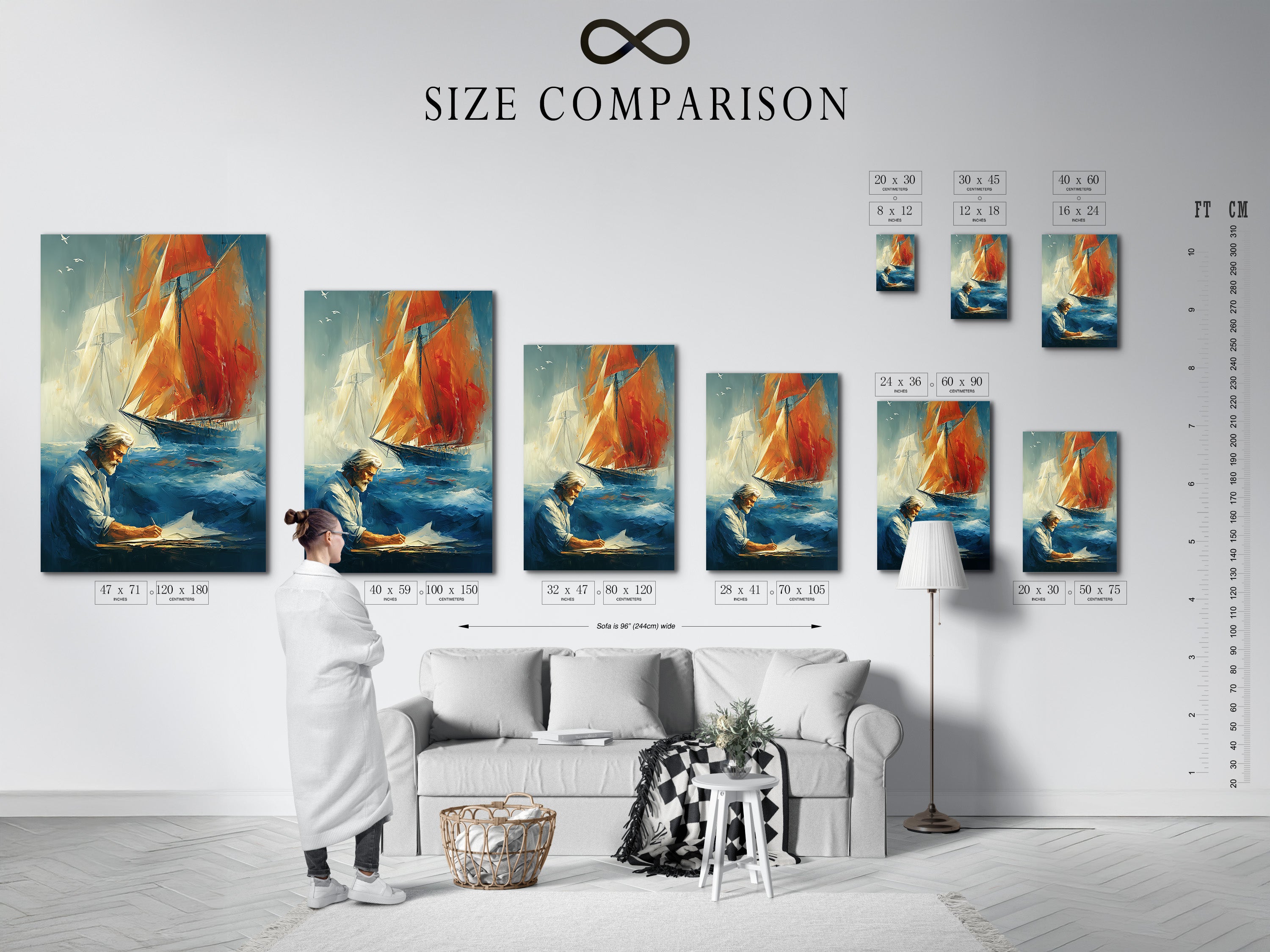 Size comparison chart in an interior setting displaying nautical sailing art. The vintage maritime wall art features a captain and sailboat. Find the perfect size canvas for your study room decor. Explore our range of nautical artwork sizes today.
