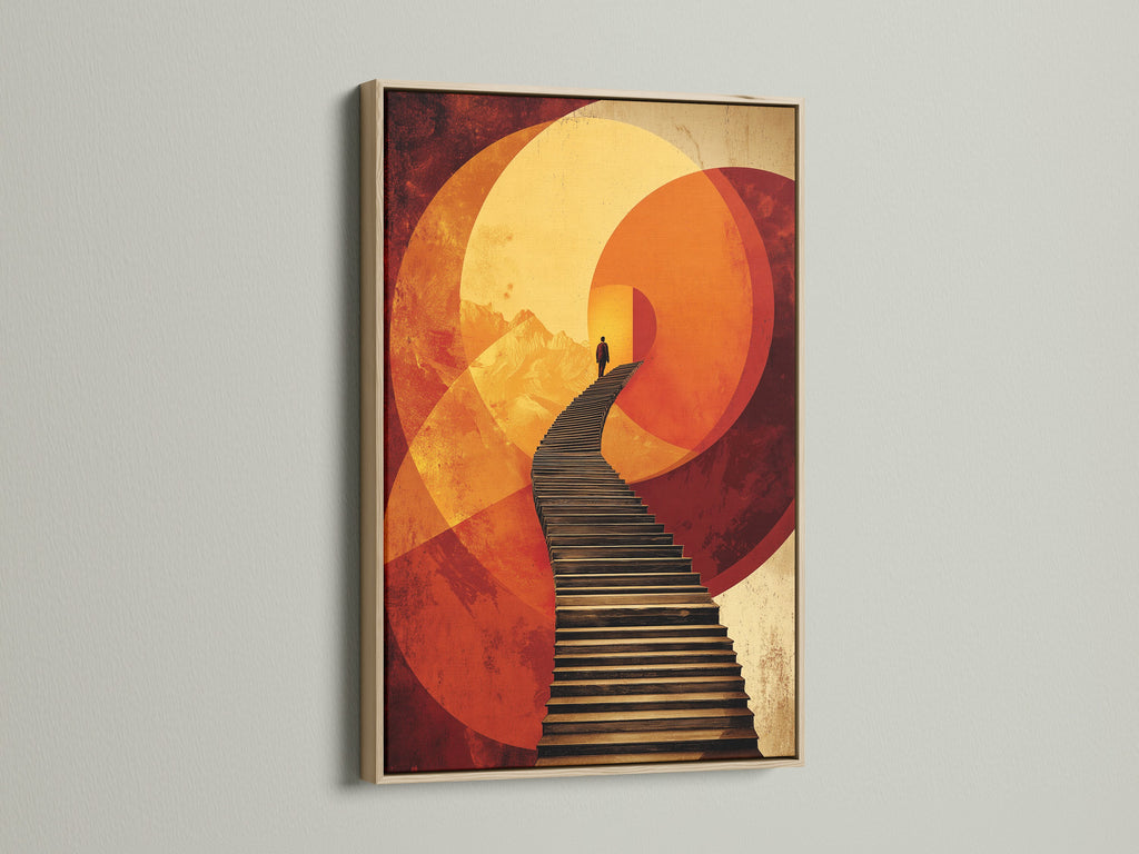 A captivating surreal stairway canvas print adorns a wall in an oak frame. The abstract figure wall art adds sophistication. Geometric sunset poster for office wall decor creates a focal point. Ideal for modern art lovers.