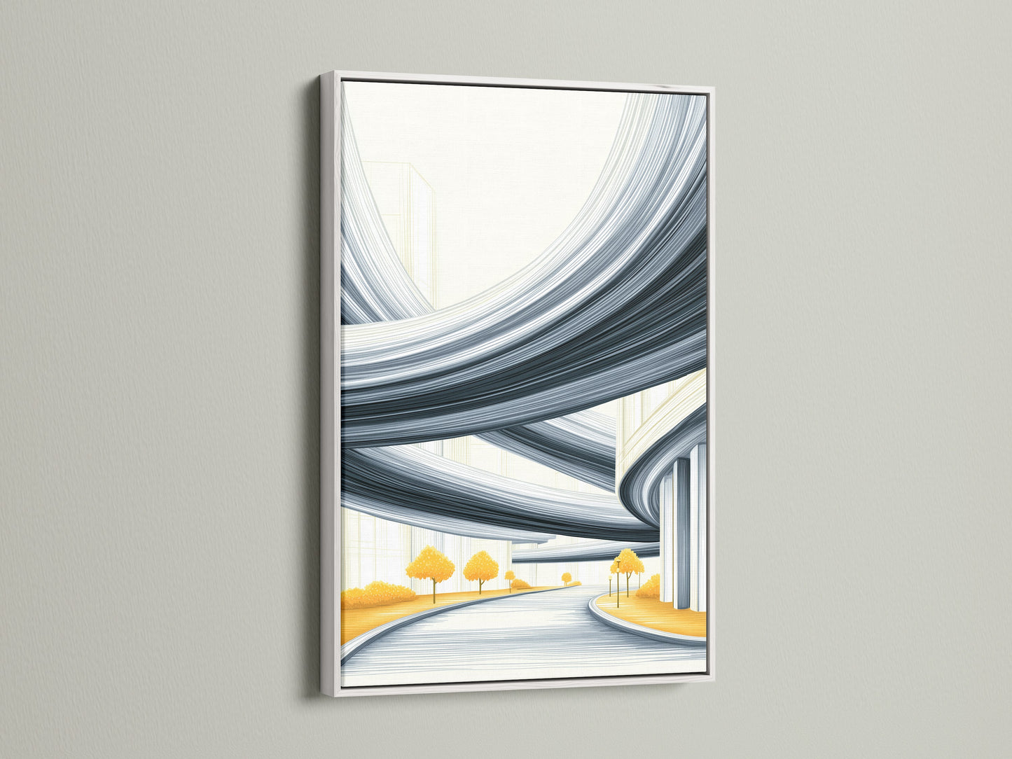 Discover the elegance of a white frame accentuating modern wall art. This abstract cityscape canvas print brings a clean contemporary touch. Ideal for minimalist Scandinavian and contemporary spaces. Elevate your bedroom or office decor with this graphic artwork.