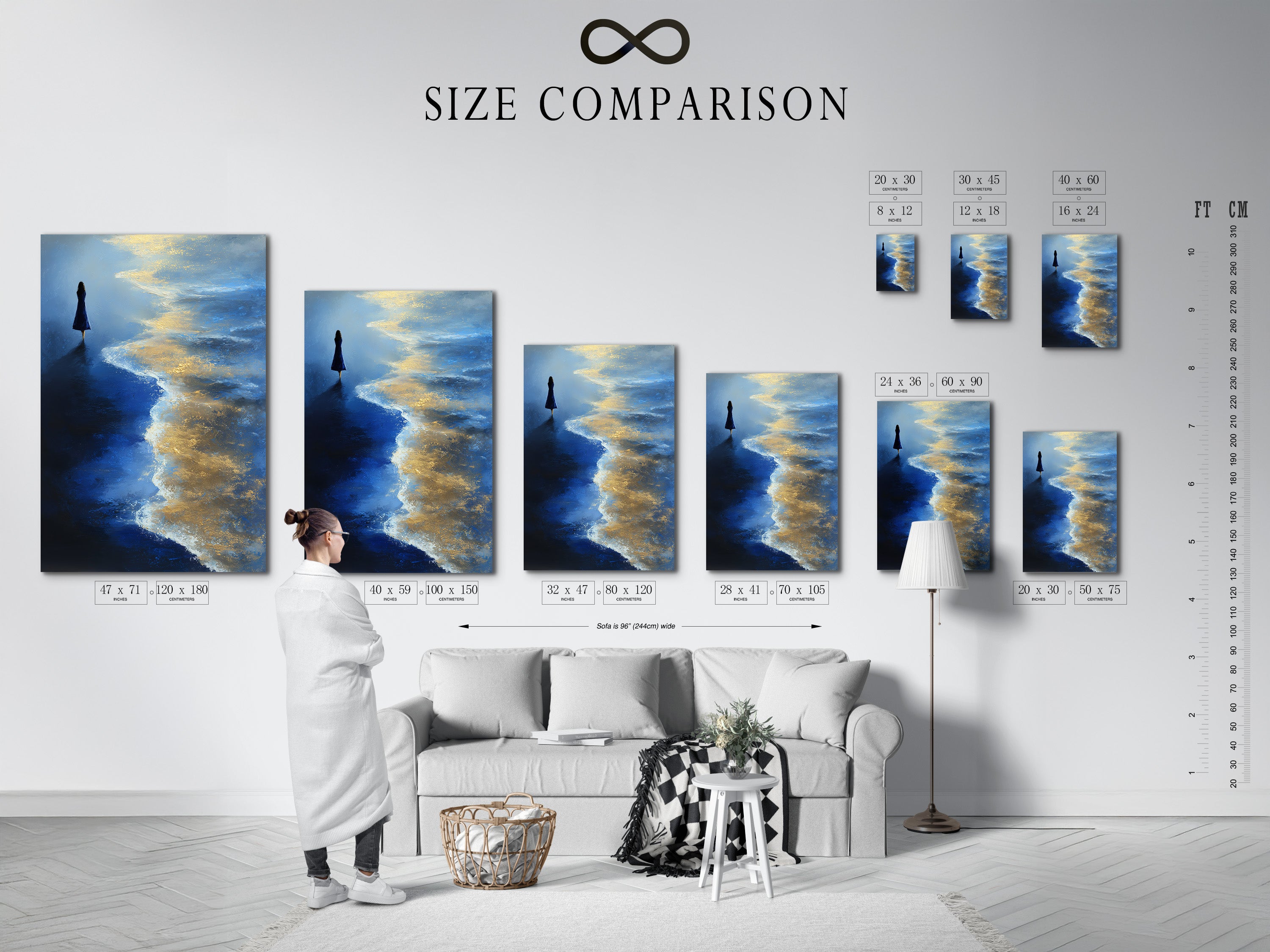 A size comparison chart in an interior setting featuring the Ocean Solitude artwork. See how this piece fits into different spaces. Perfect for homeowners renters and interior decorators. Envision your perfect wall art.