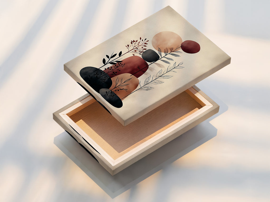 A stretched canvas print featuring abstract botanical artwork. The art uses beige and brown tones. Ready to hang and enhance your wall decor. This modern canvas print is perfect for boho and minimalist interiors. Bring nature-inspired artwork to your living room bedroom or office.