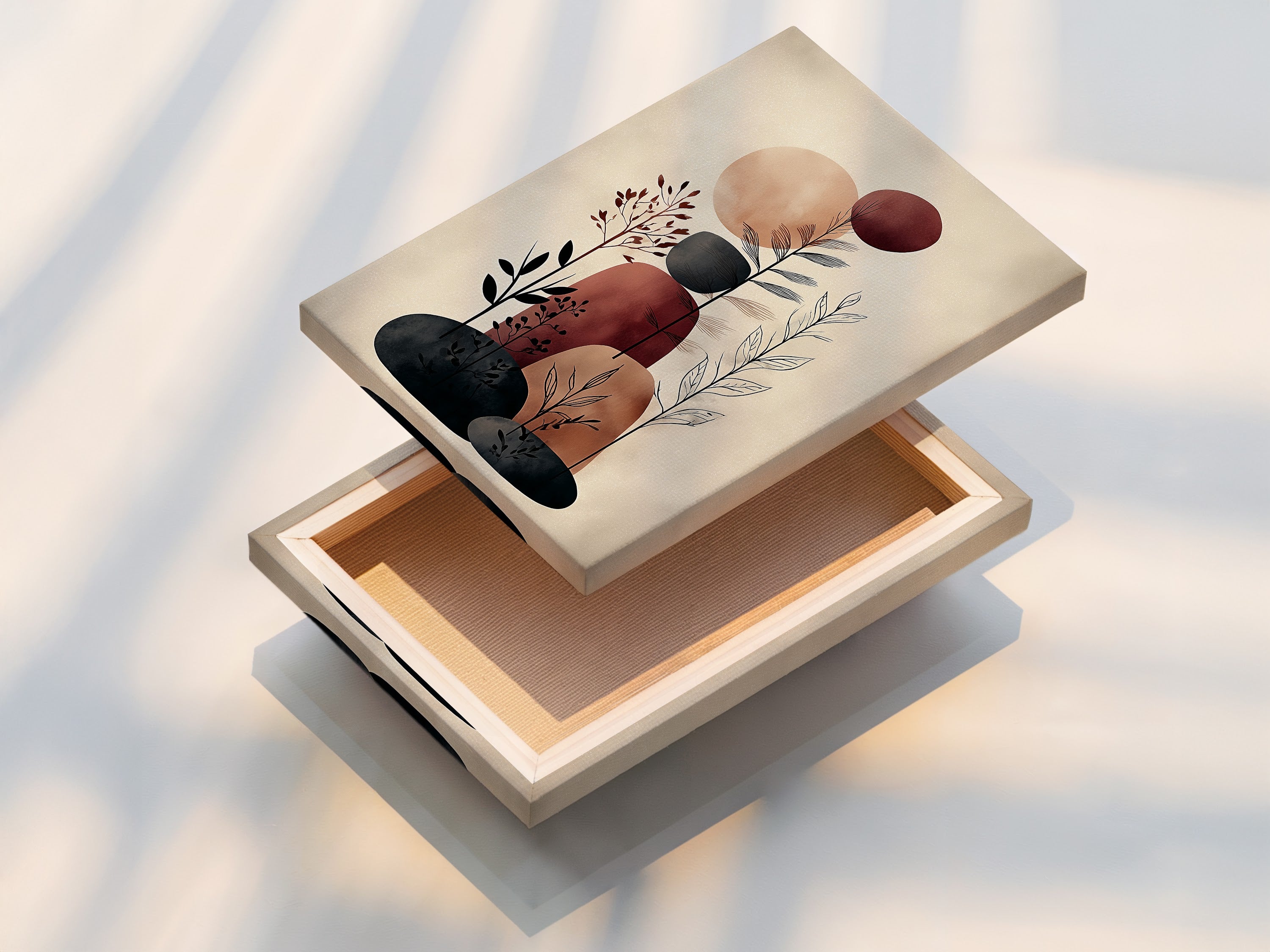 A stretched canvas print featuring abstract botanical artwork. The art uses beige and brown tones. Ready to hang and enhance your wall decor. This modern canvas print is perfect for boho and minimalist interiors. Bring nature-inspired artwork to your living room bedroom or office.