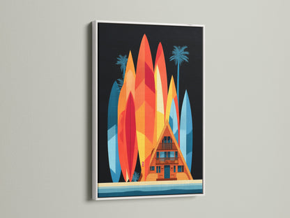 A-Frame house artwork in a white frame. This retro wall art brings a 70s style to modern homes. The surfboard artwork is a great addition to beach-themed decor. This piece creates a surf shack vibe.