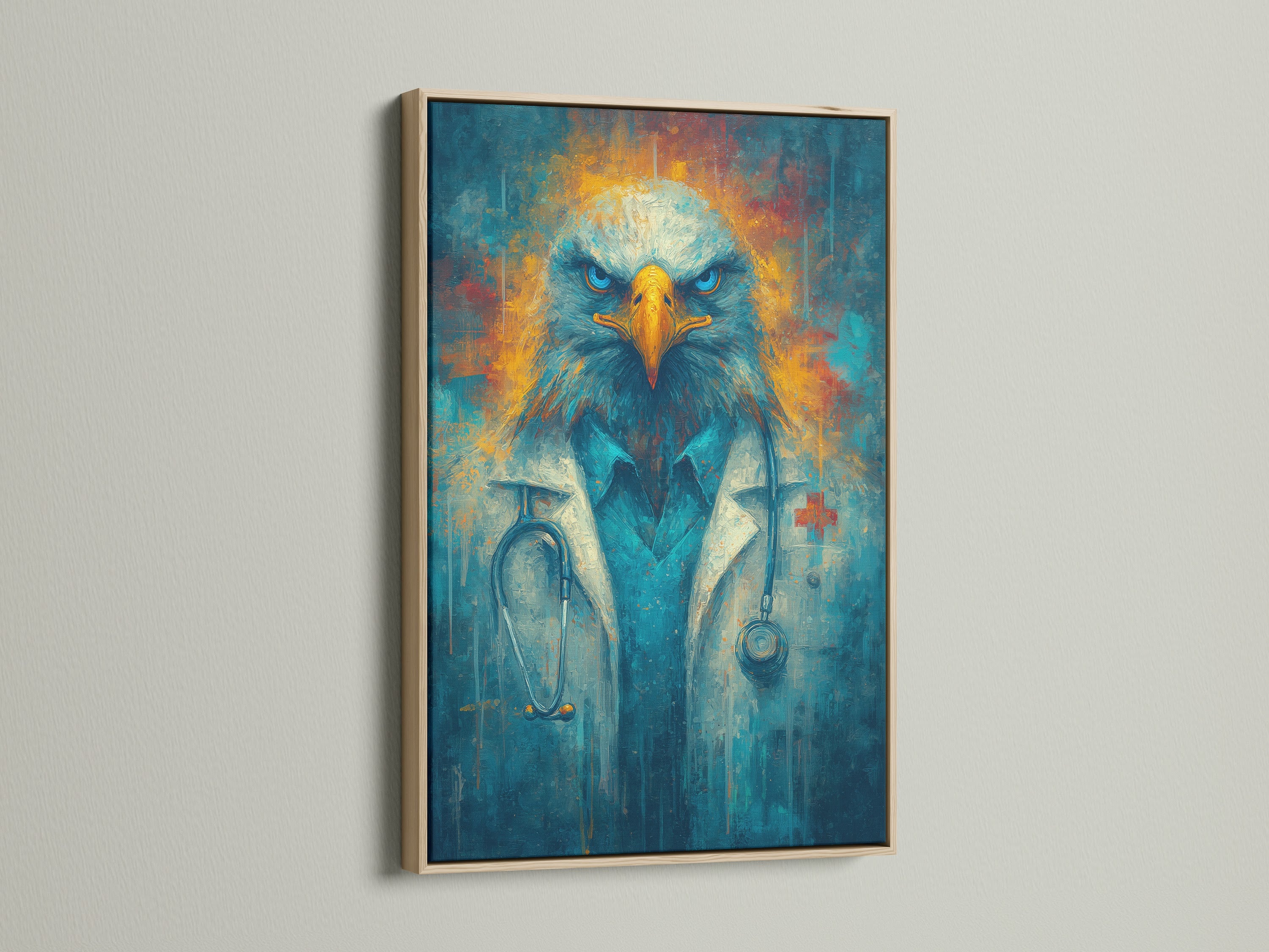 The Eagle Doctor artwork is showcased in an oak frame. This animal portrait canvas is perfect for medical office decor. Its contemporary style and blue and gold colors make it a great fit for any clinic or home office. Add a touch of professional decor with this unique piece of medical wall art.