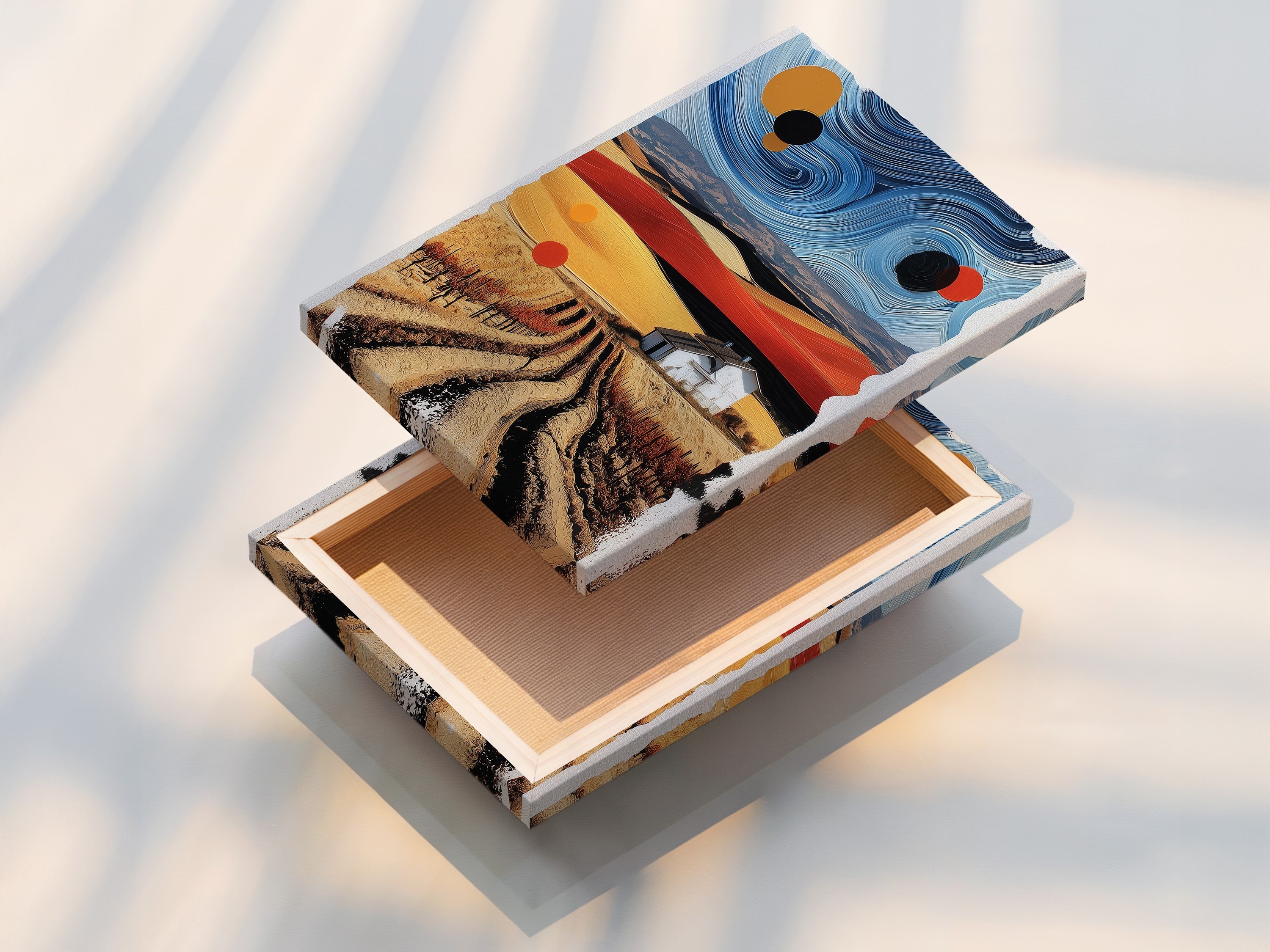 A stretched canvas print showcasing abstract landscape artwork. The surreal farm art is ready to hang. This contemporary country wall decor is perfect for any room. The stretched canvas provides a clean and modern look. Ideal for minimalist or eclectic styles.