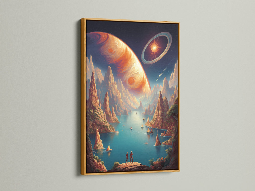 This image showcases a cosmic landscape artwork in an elegant gold frame. The surreal planet artwork is rich in detail. This piece adds a touch of luxury and fantasy to any interior from living rooms to themed restaurants.
