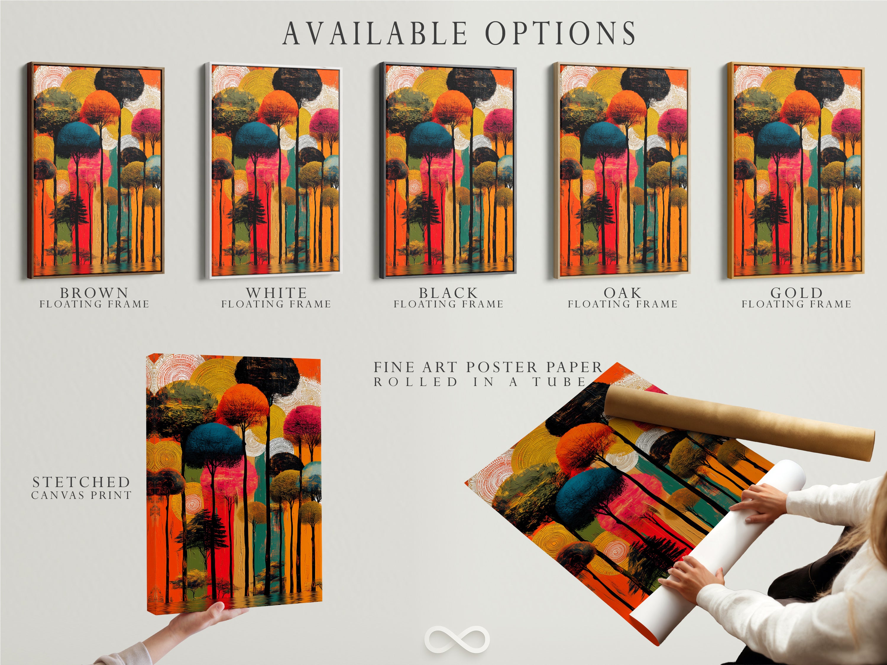 Available options are showcased for abstract tree art. Choose from stretched canvas prints fine art poster paper or floating frames. Find the perfect modern nature artwork to complement your decor style.