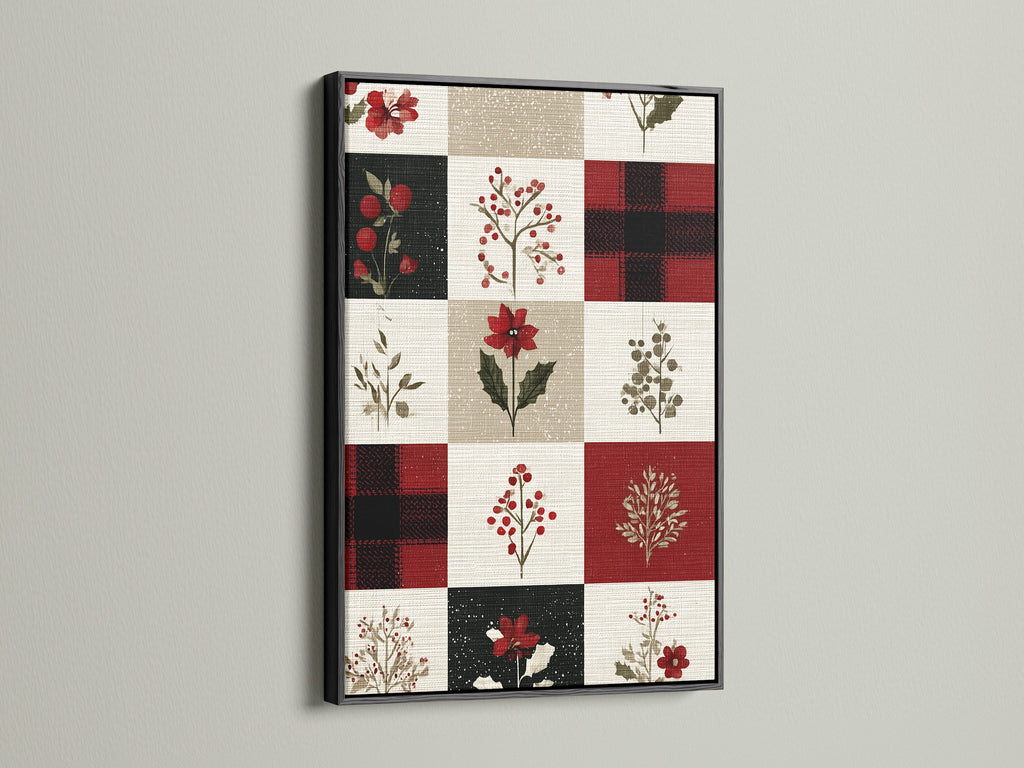 This artwork features a black frame. The artwork showcases a grid pattern of floral artwork. Each square contains unique floral artwork. Some squares have plaid artwork on them. The artwork is displayed on a white wall. A perfect piece for any room.