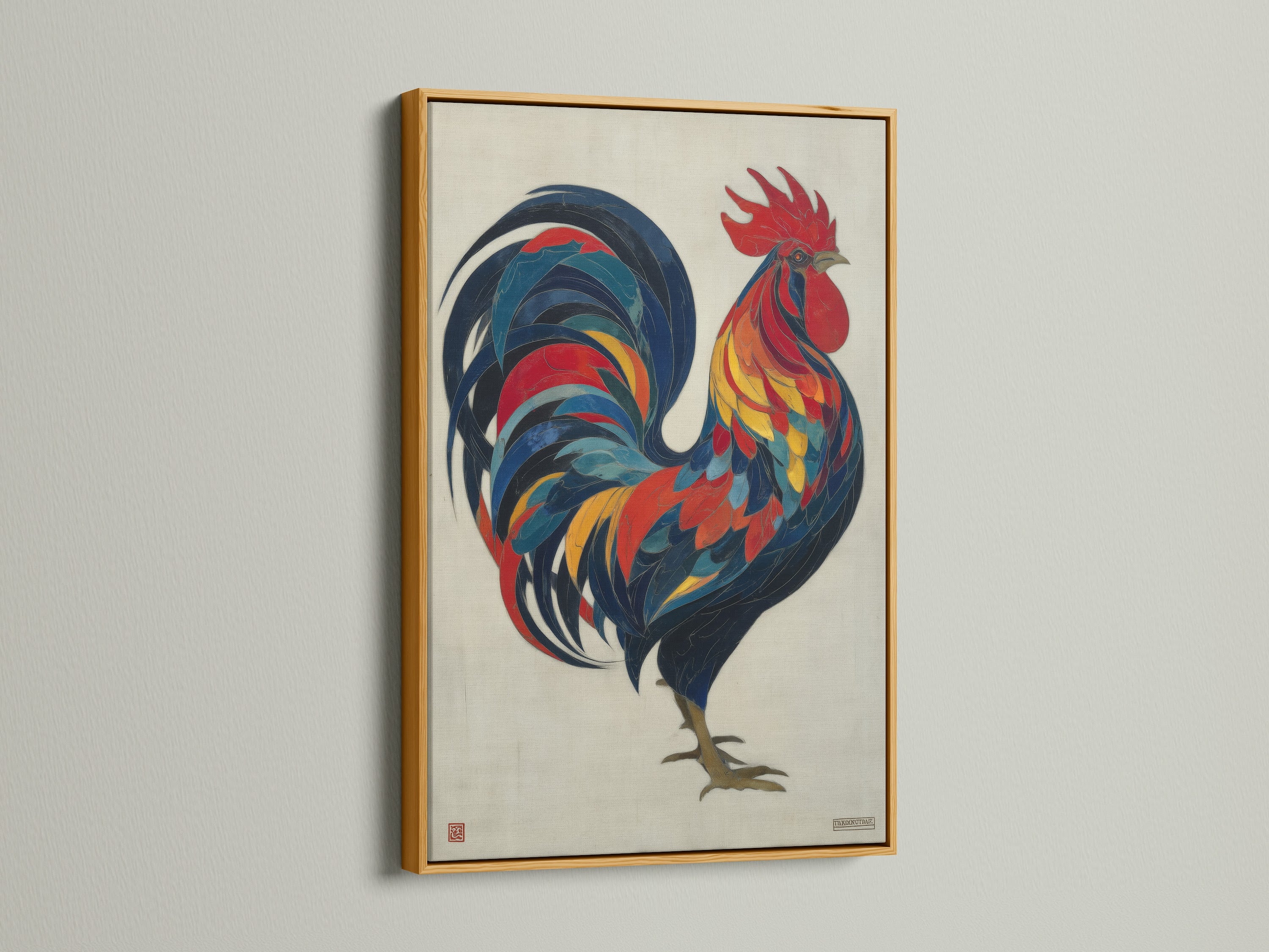 The colorful rooster artwork is showcased in a luxurious gold frame. This frame adds a touch of elegance and warmth to your farm animal print. The gold accents complement the vibrant colors of the artwork. Perfect for creating a focal point in your home decor.