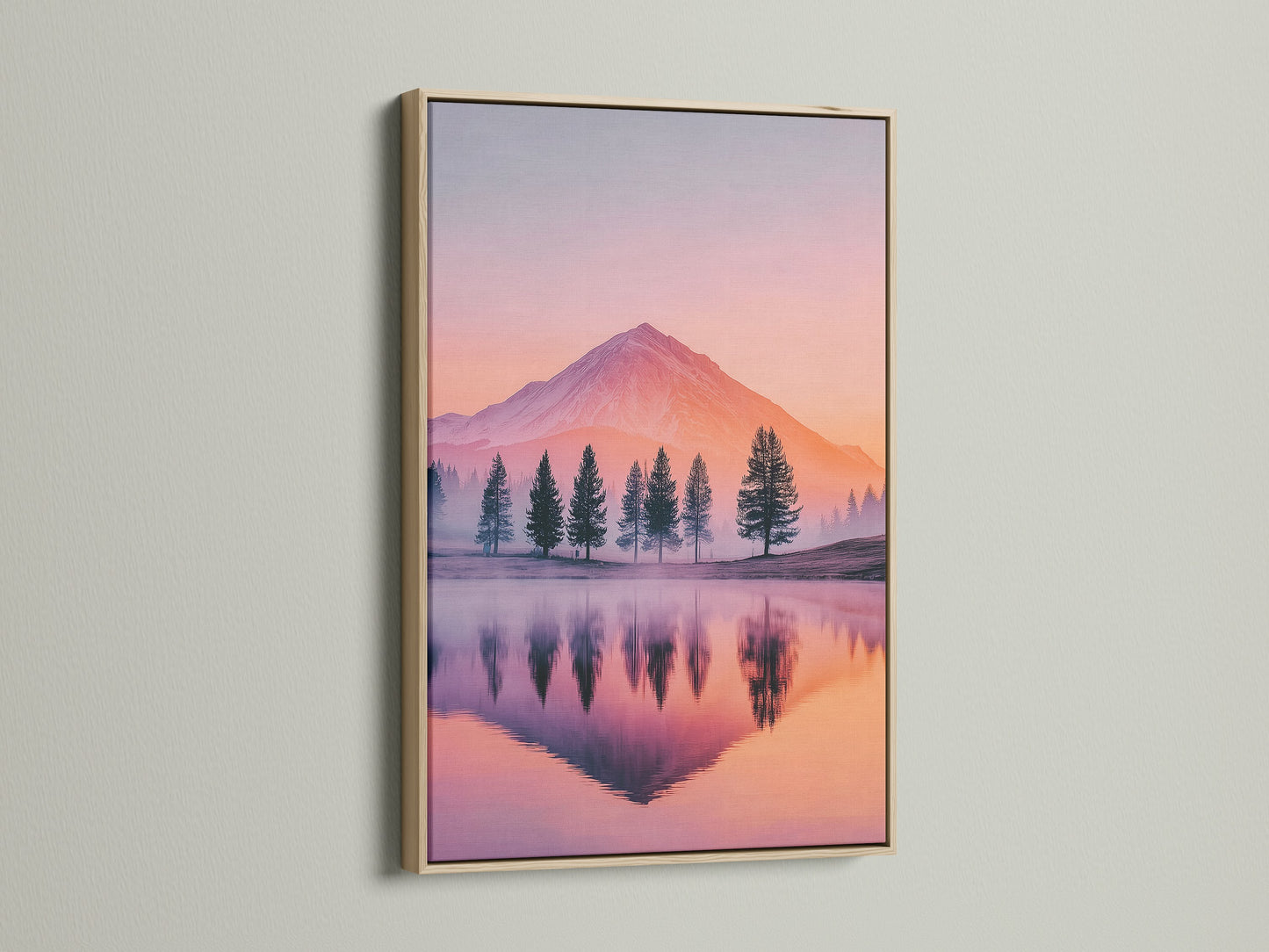 Mountain Lake nature print in an oak frame. This landscape wall art showcases pastel mountains and pine trees. The reflection in the lake is very clear. Perfect modern decor for living room or bedroom art. Bring the outdoors in.