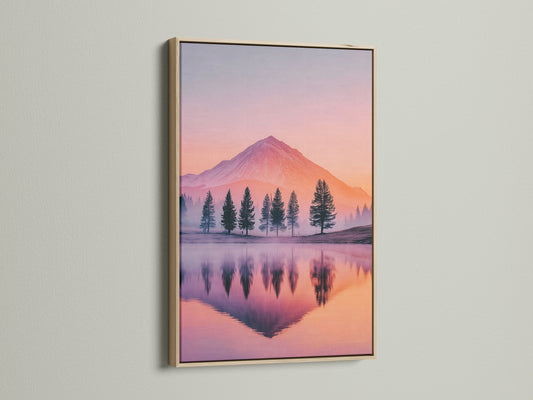 Mountain Lake nature print in an oak frame. This landscape wall art showcases pastel mountains and pine trees. The reflection in the lake is very clear. Perfect modern decor for living room or bedroom art. Bring the outdoors in.