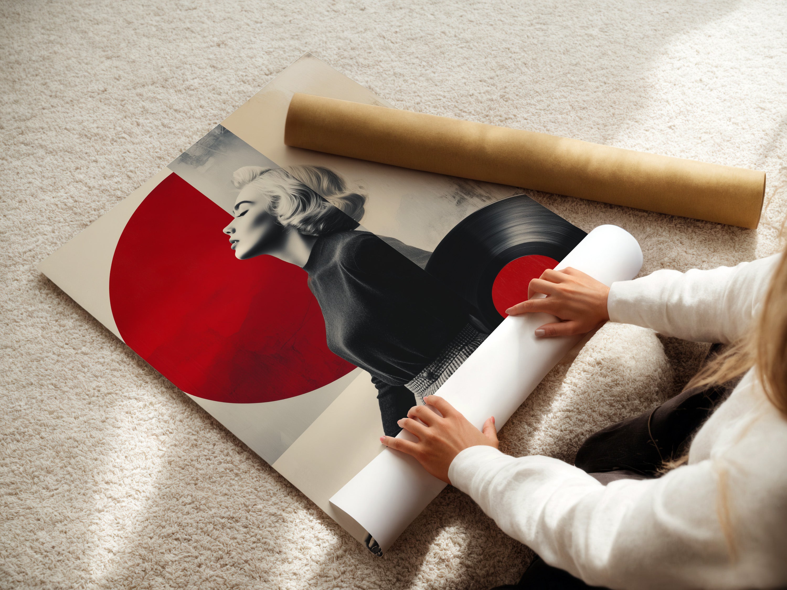 Watch as a woman carefully rolls a fine art poster paper. This shows the care we take in preparing your vintage music artwork. Perfect for music wall art or a retro dj print. Buy now for premium quality art.