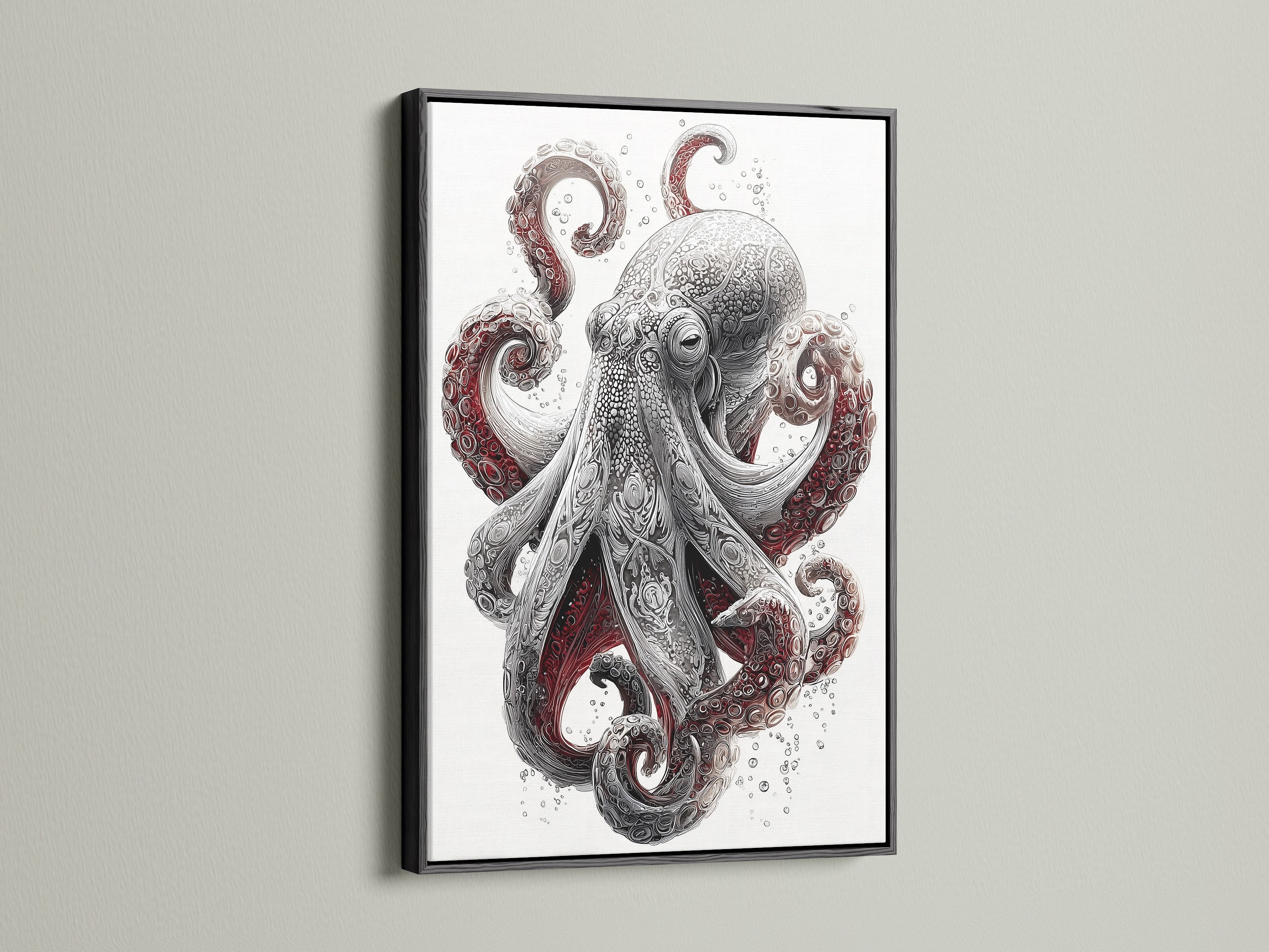 The Octopus art print is presented in a sleek black frame. A modern frame choice for any space. This sea creature art is ideal for ocean wall decor. Enhance your home with this unique nautical artwork. Perfect for a coastal living room.