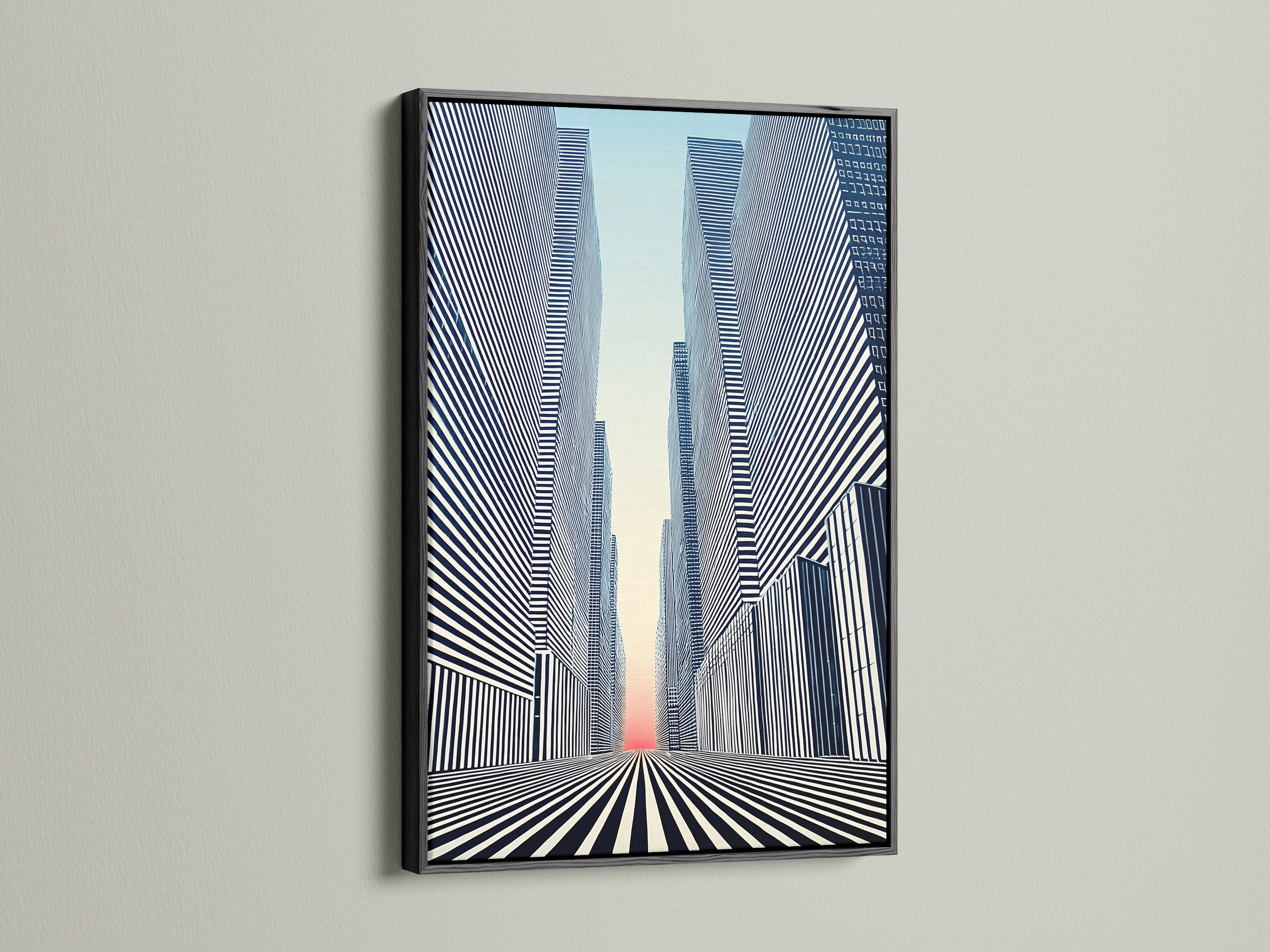 The Cityscape Optical Illusion artwork is presented in a black frame. This striking modern wall art makes a bold statement. The black and white design enhances office and home decor. This geometric canvas provides a sophisticated urban art touch.